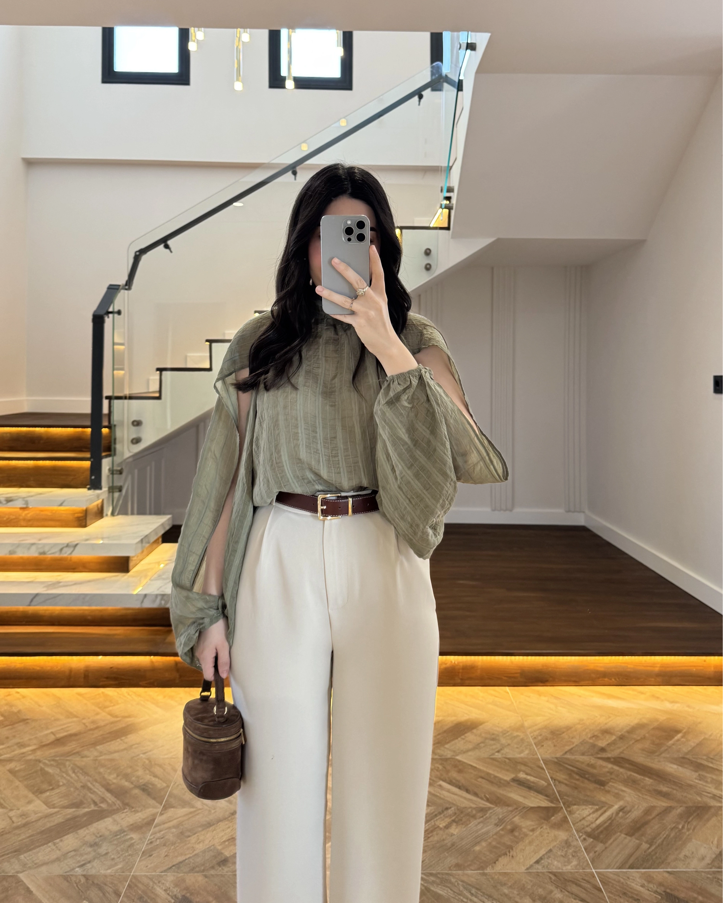 HAKİ TASARIM BALON KOL BLUZ -5415