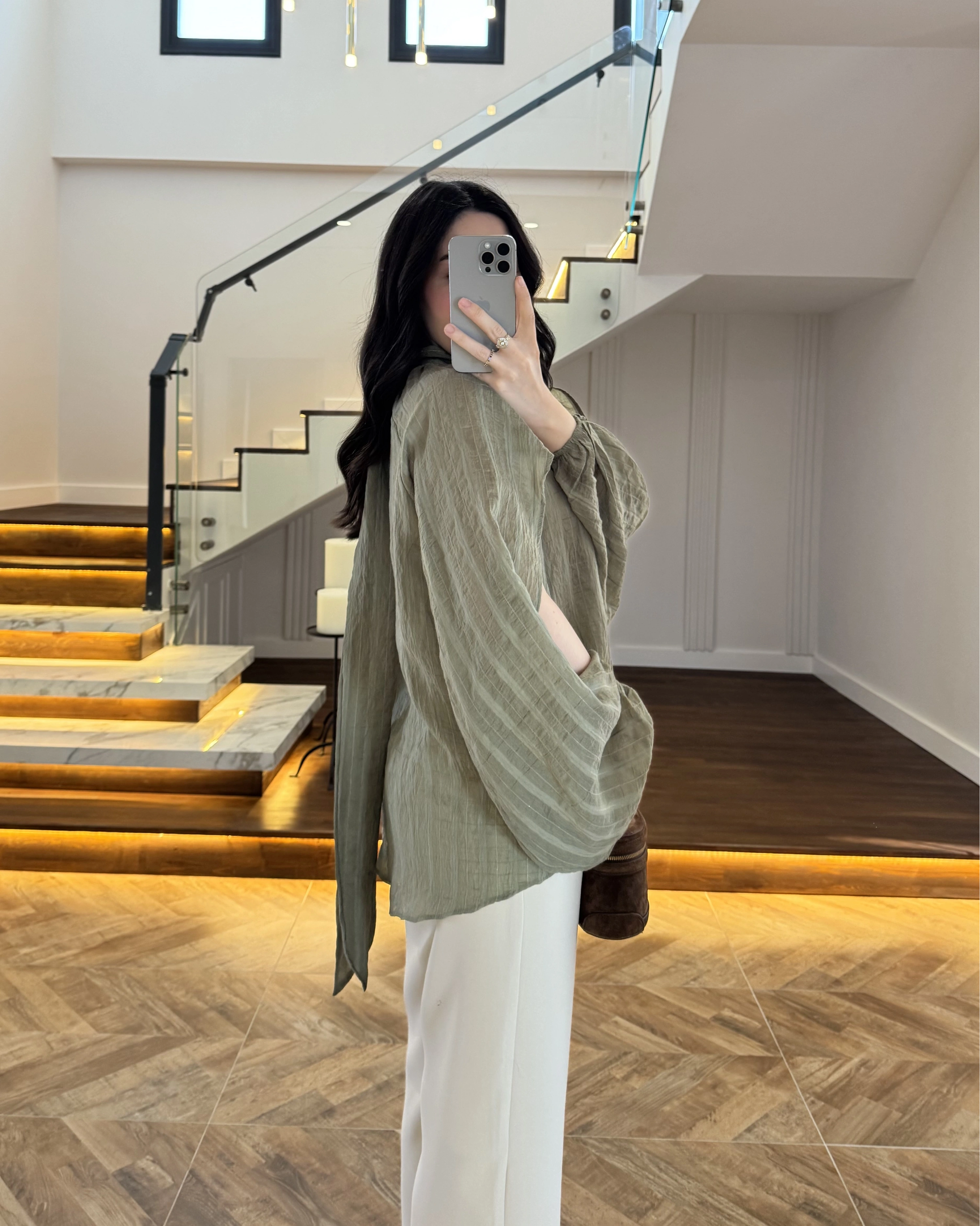 HAKİ TASARIM BALON KOL BLUZ -5415