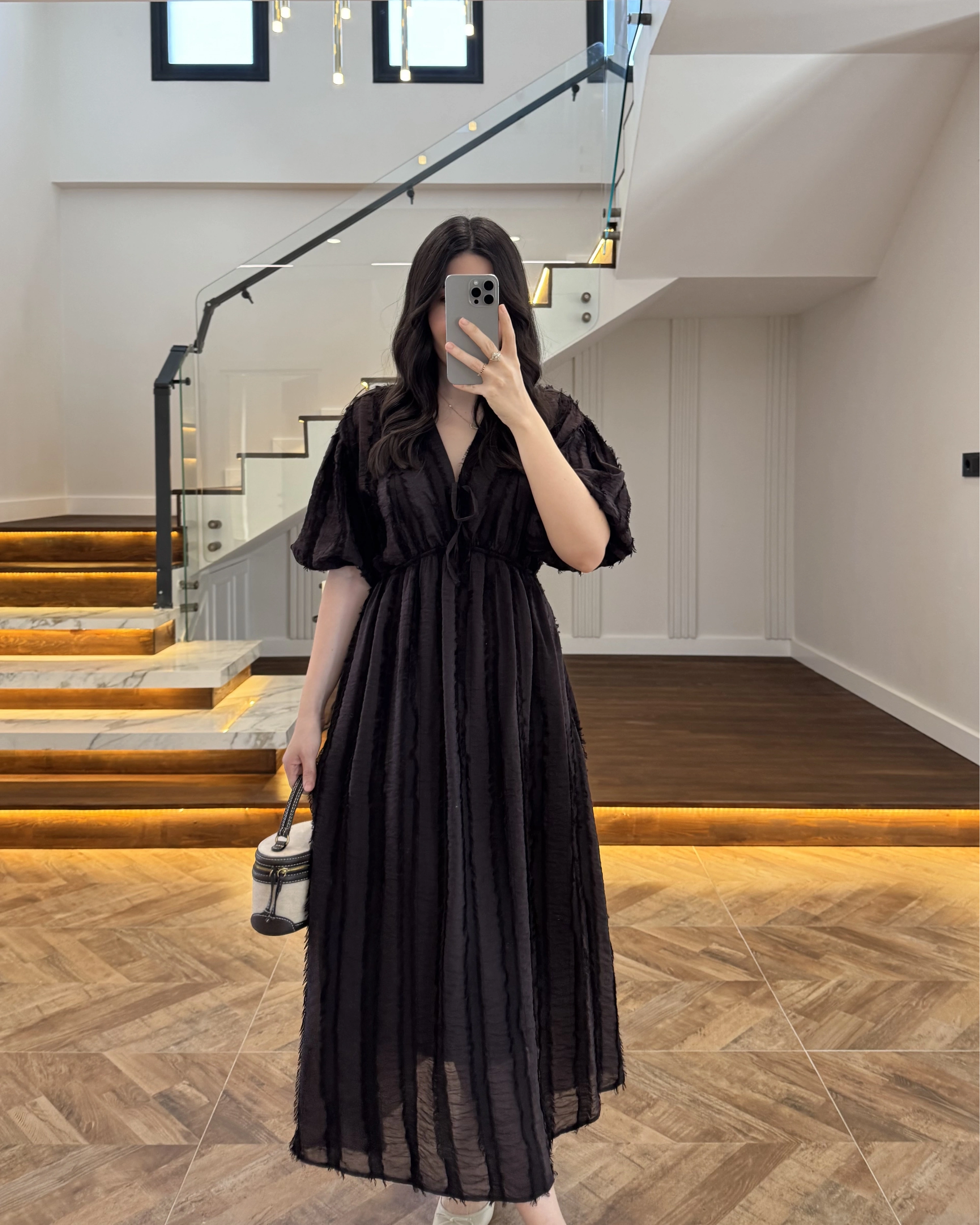 KAHVE PÜSKÜLLÜ ELBİSE - 3075