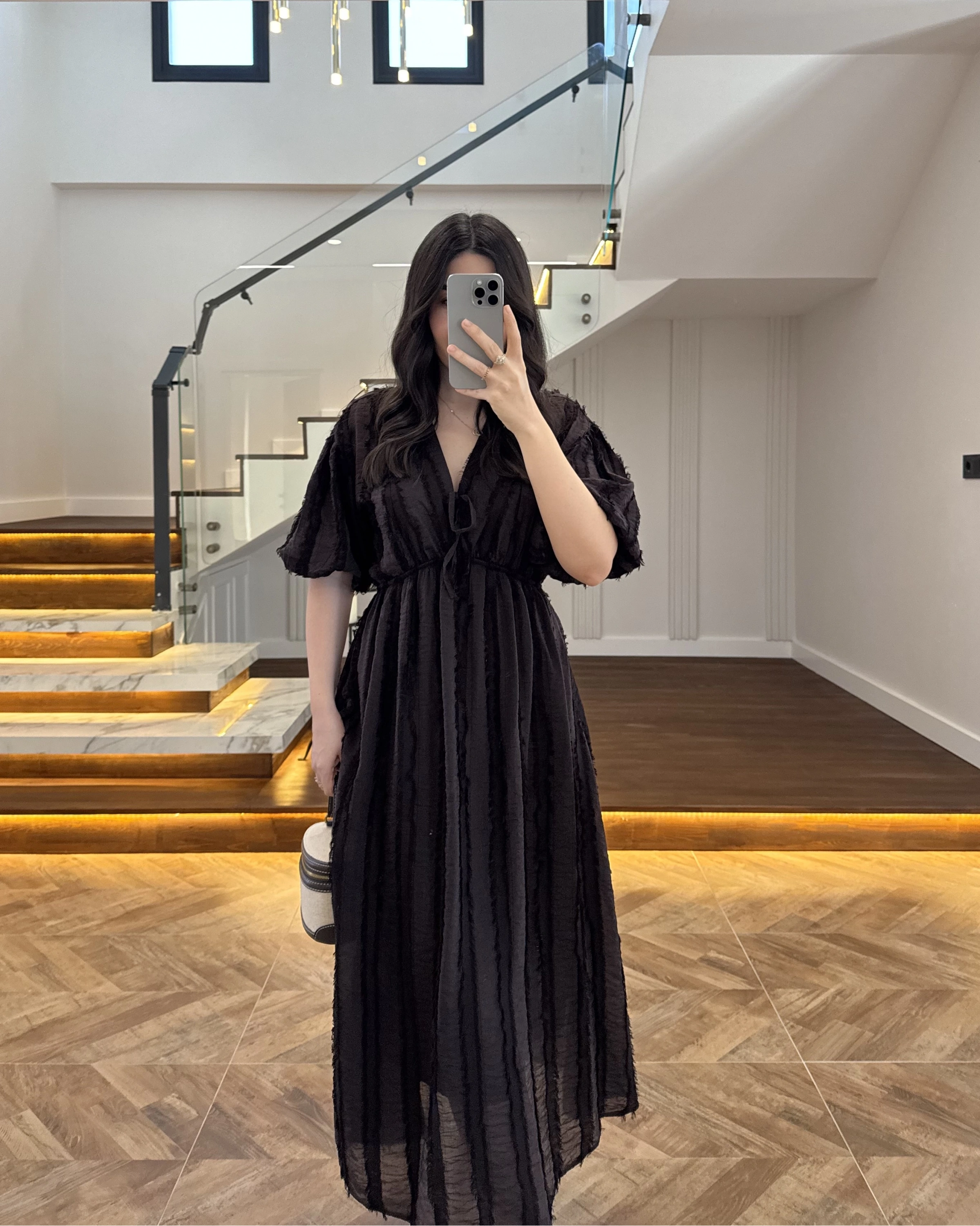 KAHVE PÜSKÜLLÜ ELBİSE - 3075