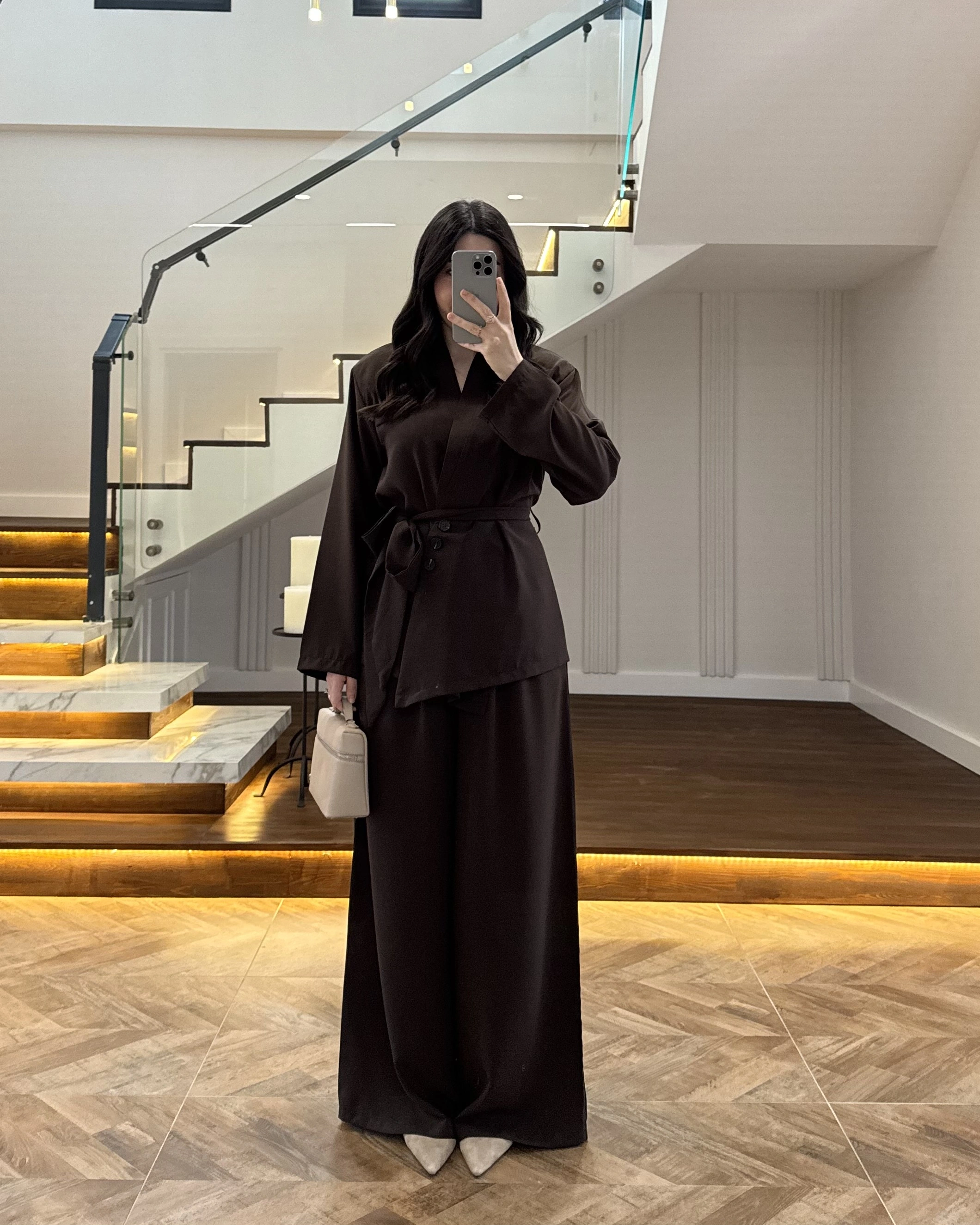 KAHVE VATKALI ASİMETRİK CEKETLİ TAKIM-60609