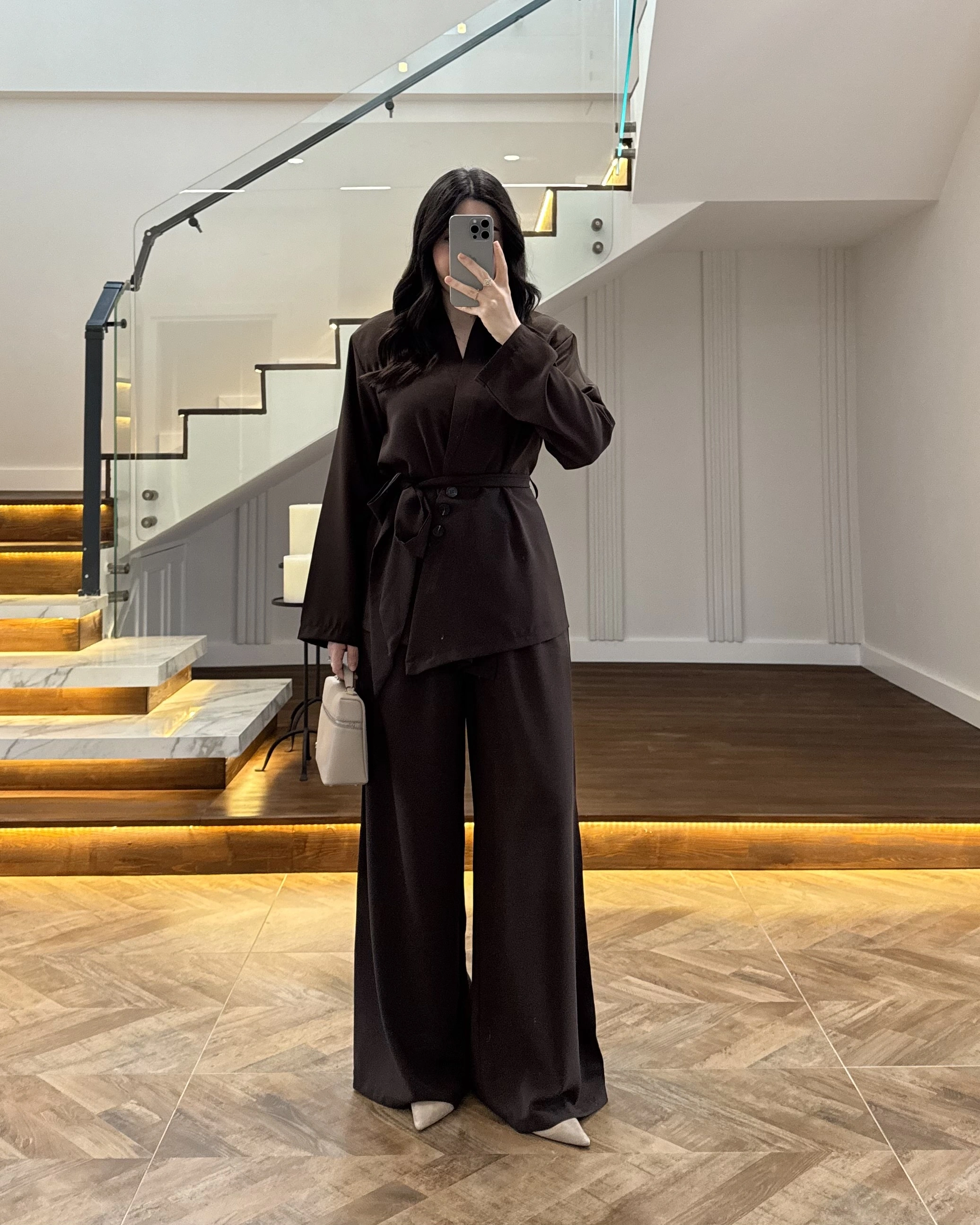 KAHVE VATKALI ASİMETRİK CEKETLİ TAKIM-60609