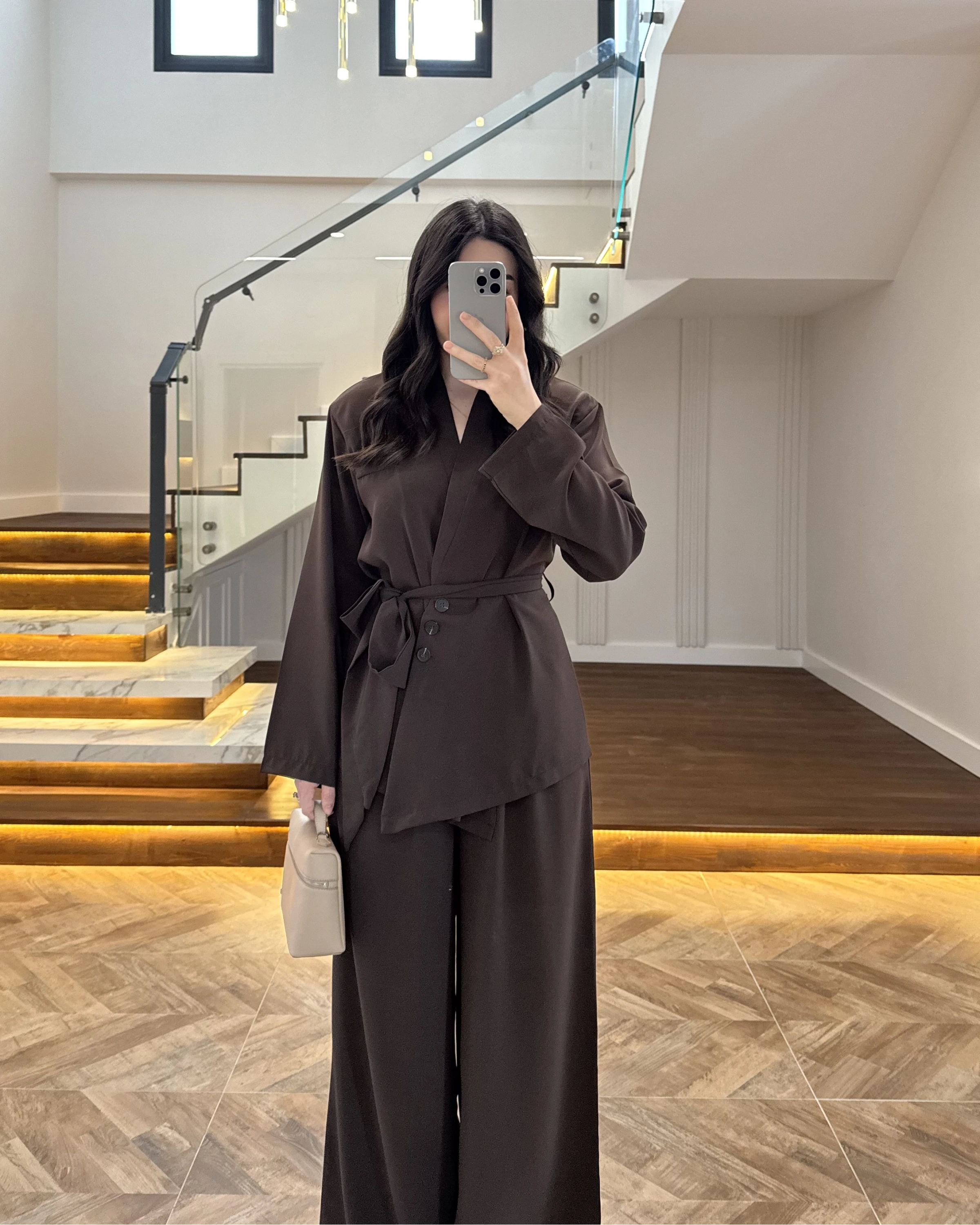 KAHVE VATKALI ASİMETRİK CEKETLİ TAKIM-60609