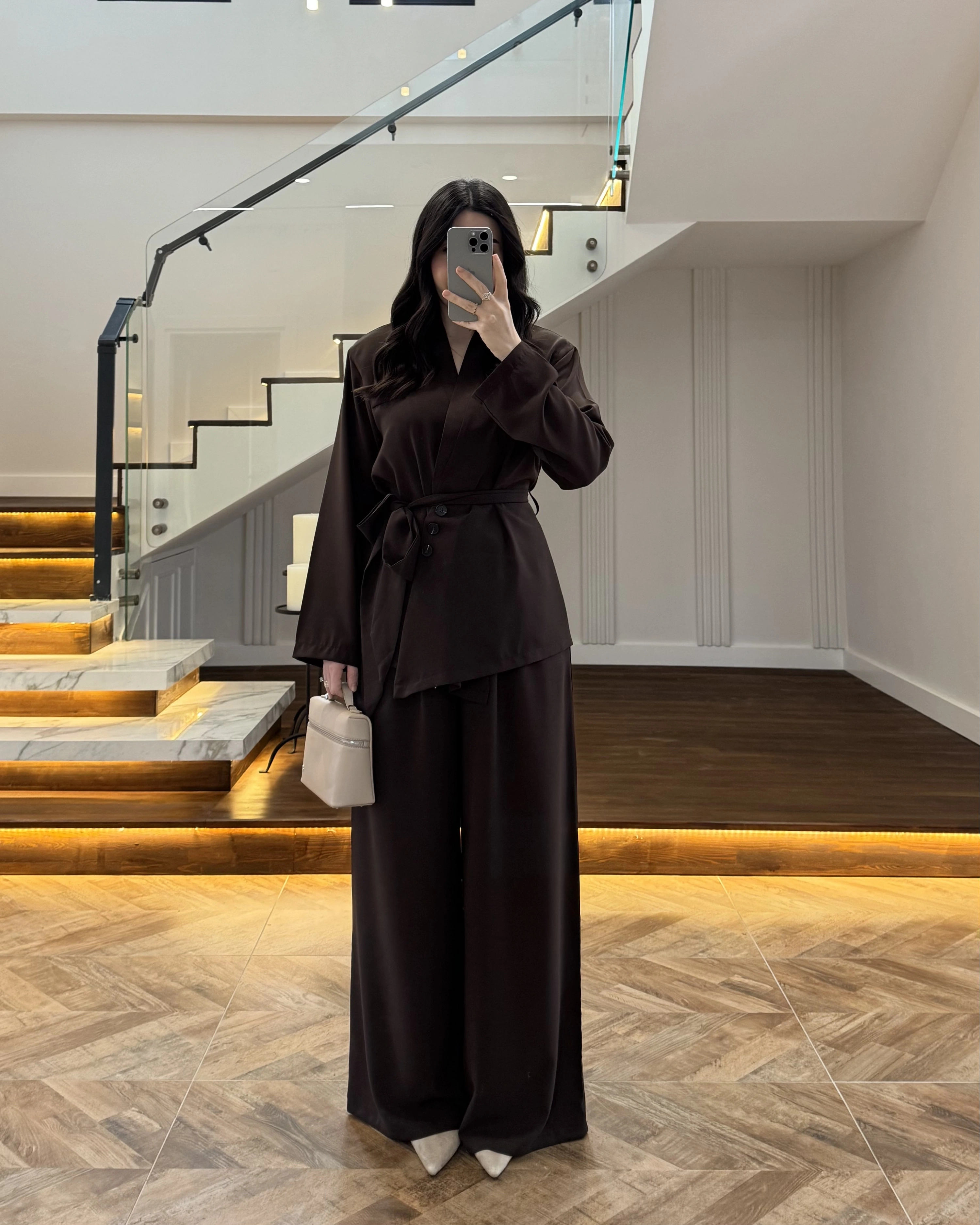 KAHVE VATKALI ASİMETRİK CEKETLİ TAKIM-60609