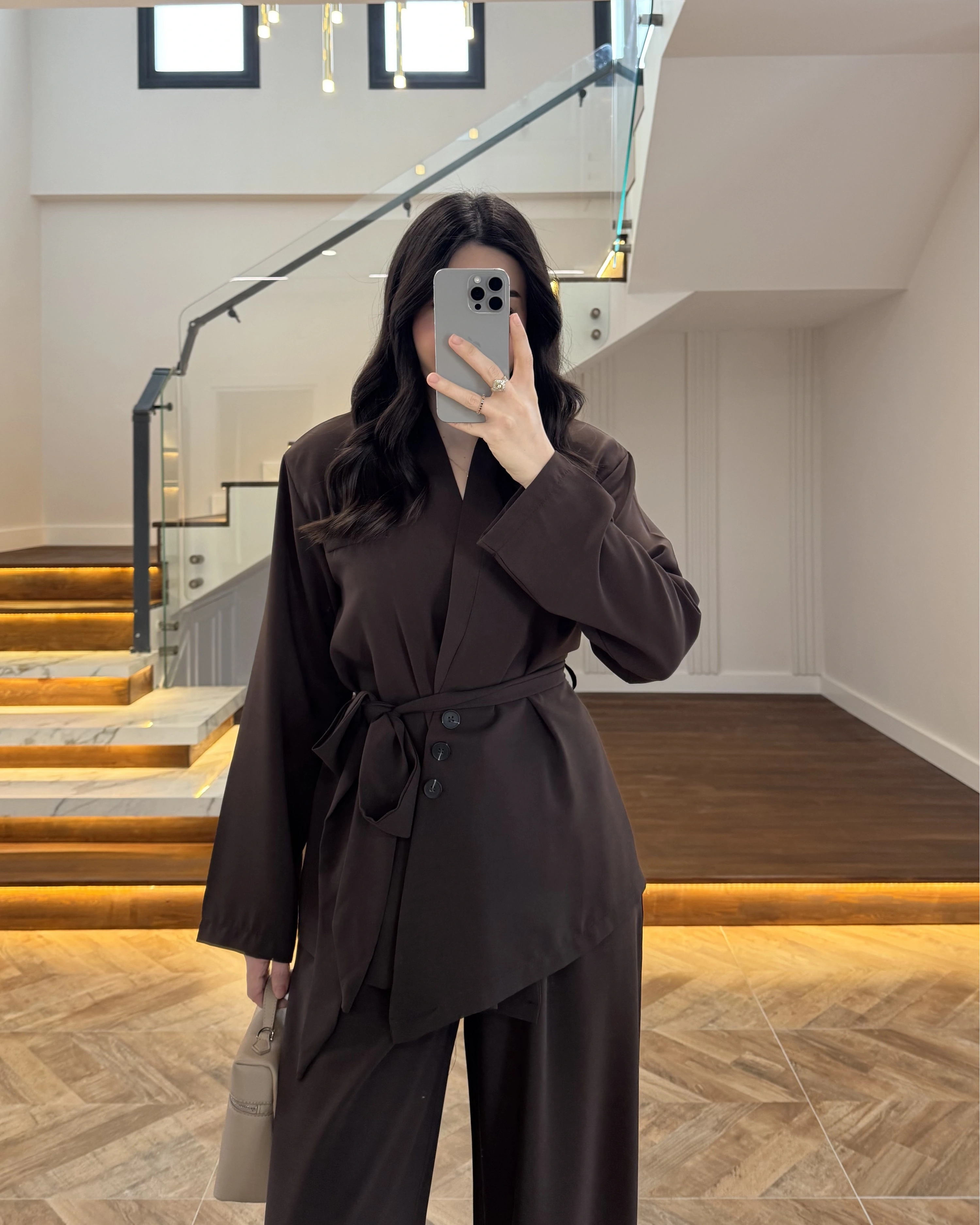 KAHVE VATKALI ASİMETRİK CEKETLİ TAKIM-60609