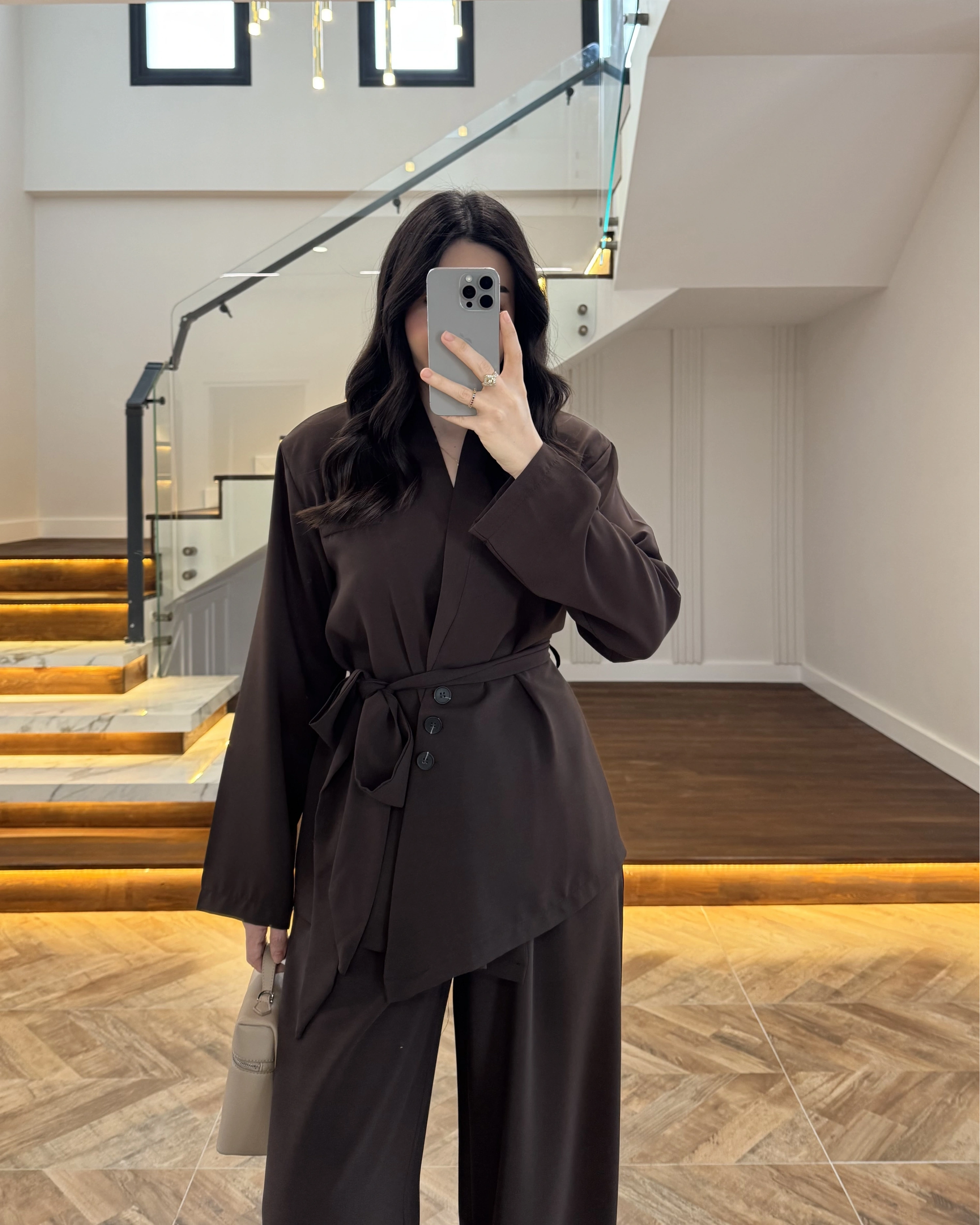 KAHVE VATKALI ASİMETRİK CEKETLİ TAKIM-60609