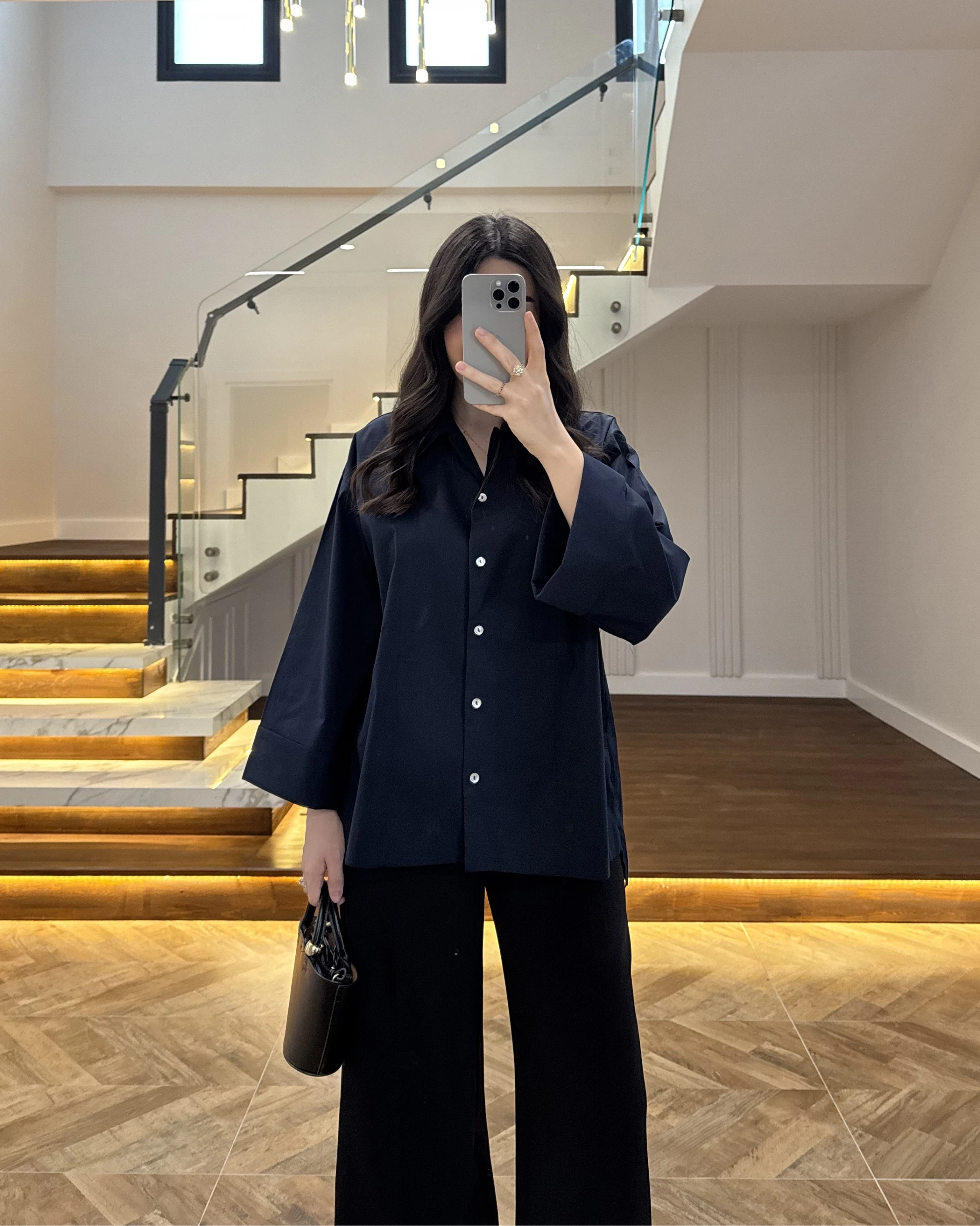 LACİVERT OVERSİZE DUBLE KOL GÖMLEK-5411