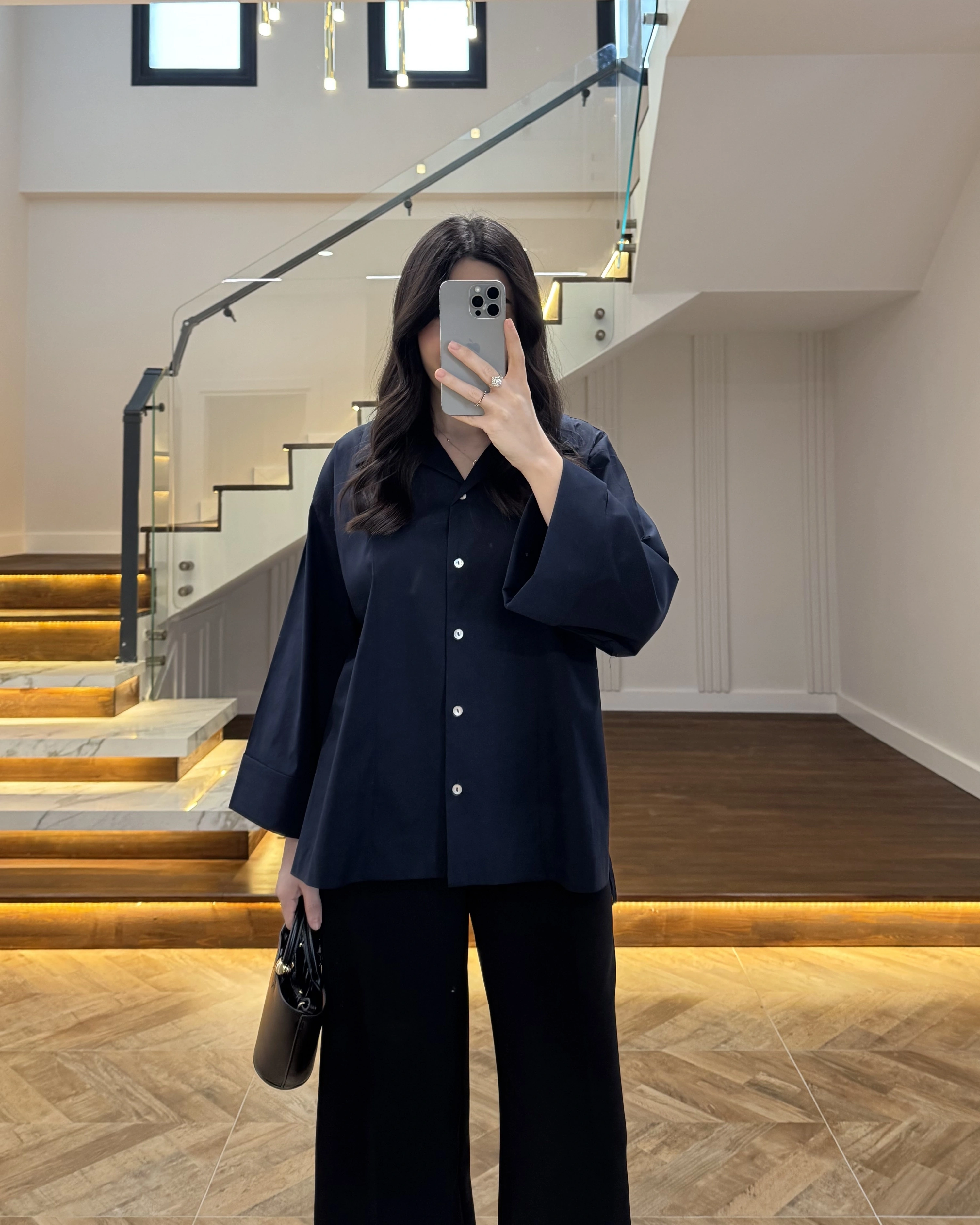 LACİVERT OVERSİZE DUBLE KOL GÖMLEK-5411