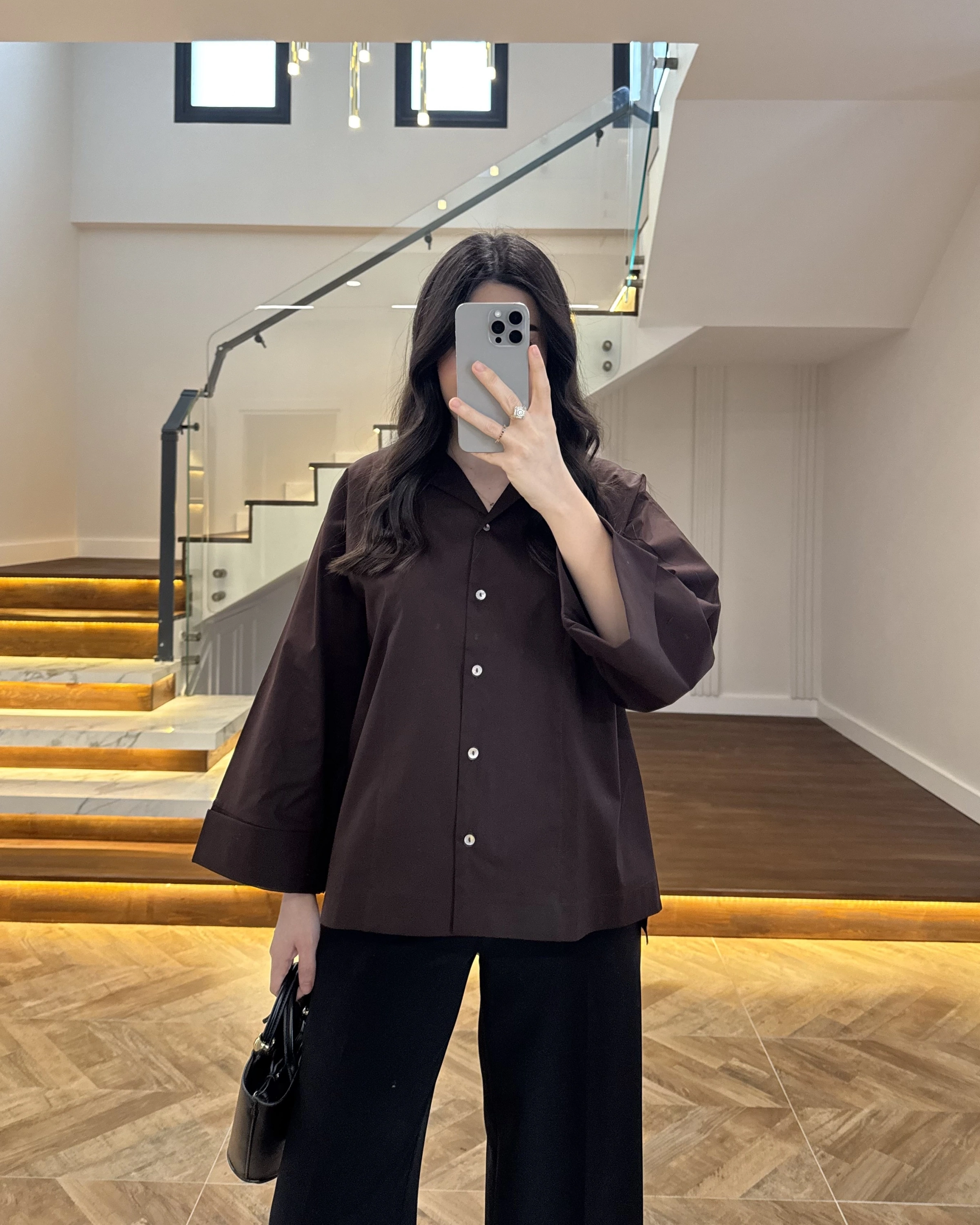 KAHVE OVERSİZE DUBLE KOL GÖMLEK-5411