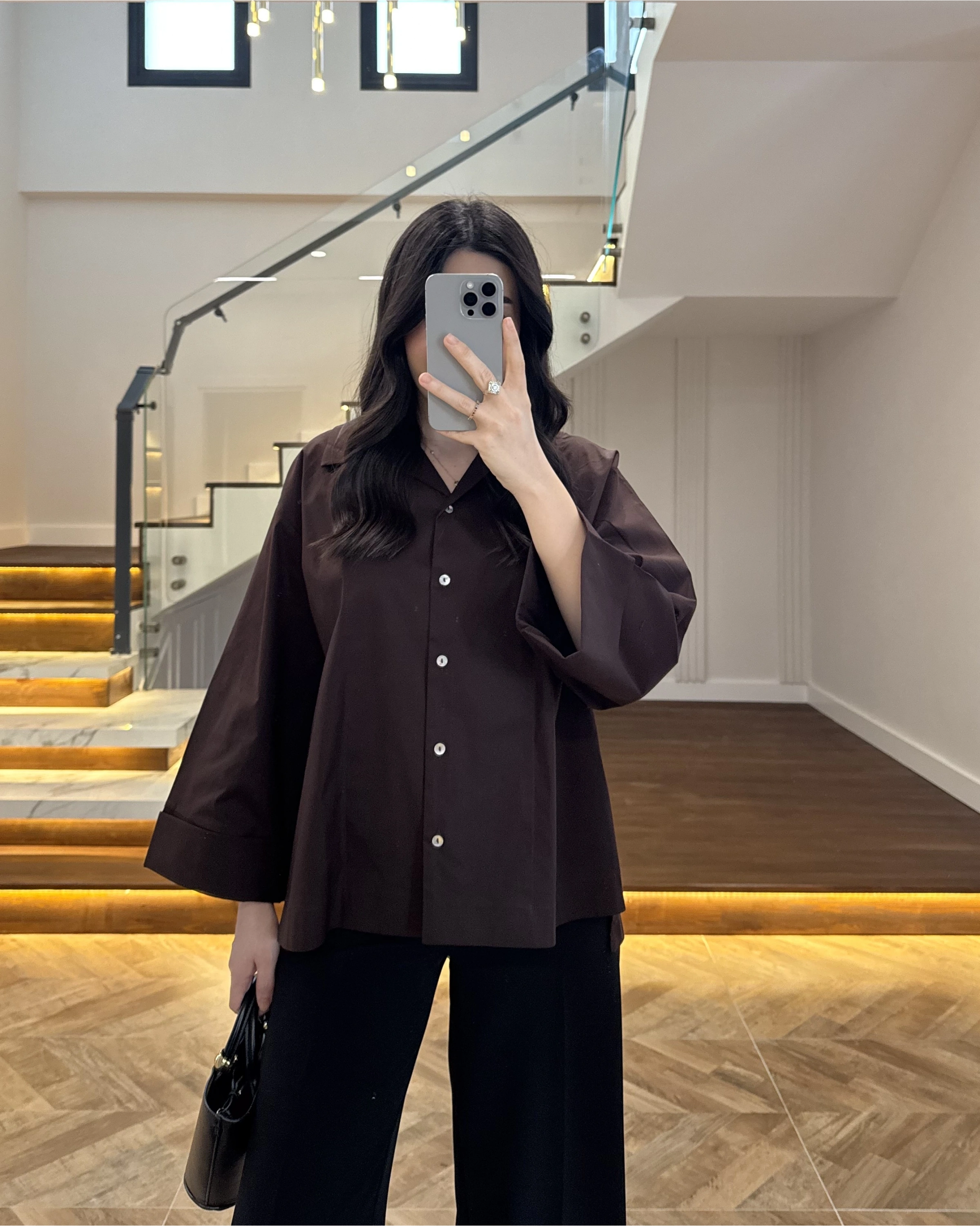 KAHVE OVERSİZE DUBLE KOL GÖMLEK-5411