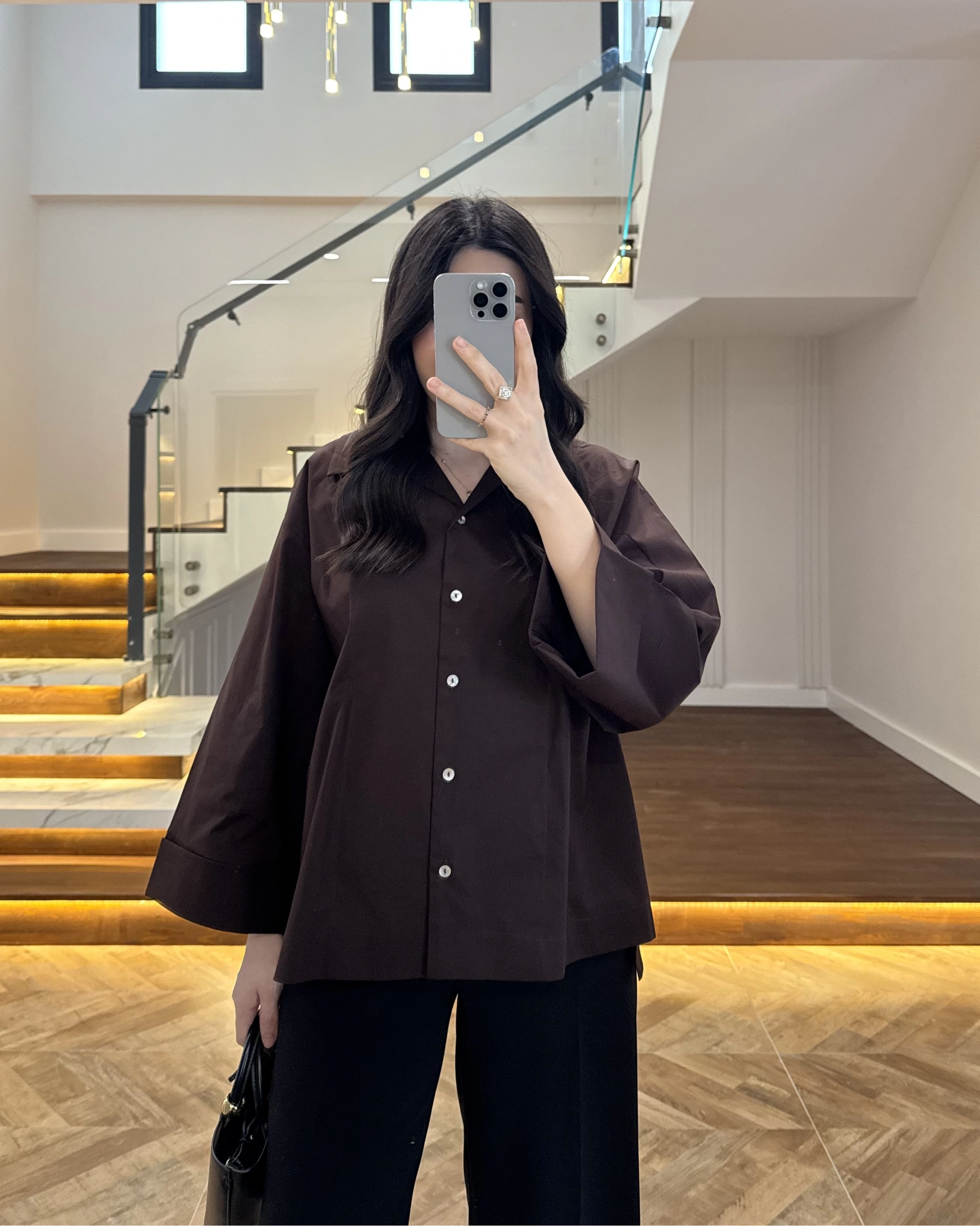 KAHVE OVERSİZE DUBLE KOL GÖMLEK-5411