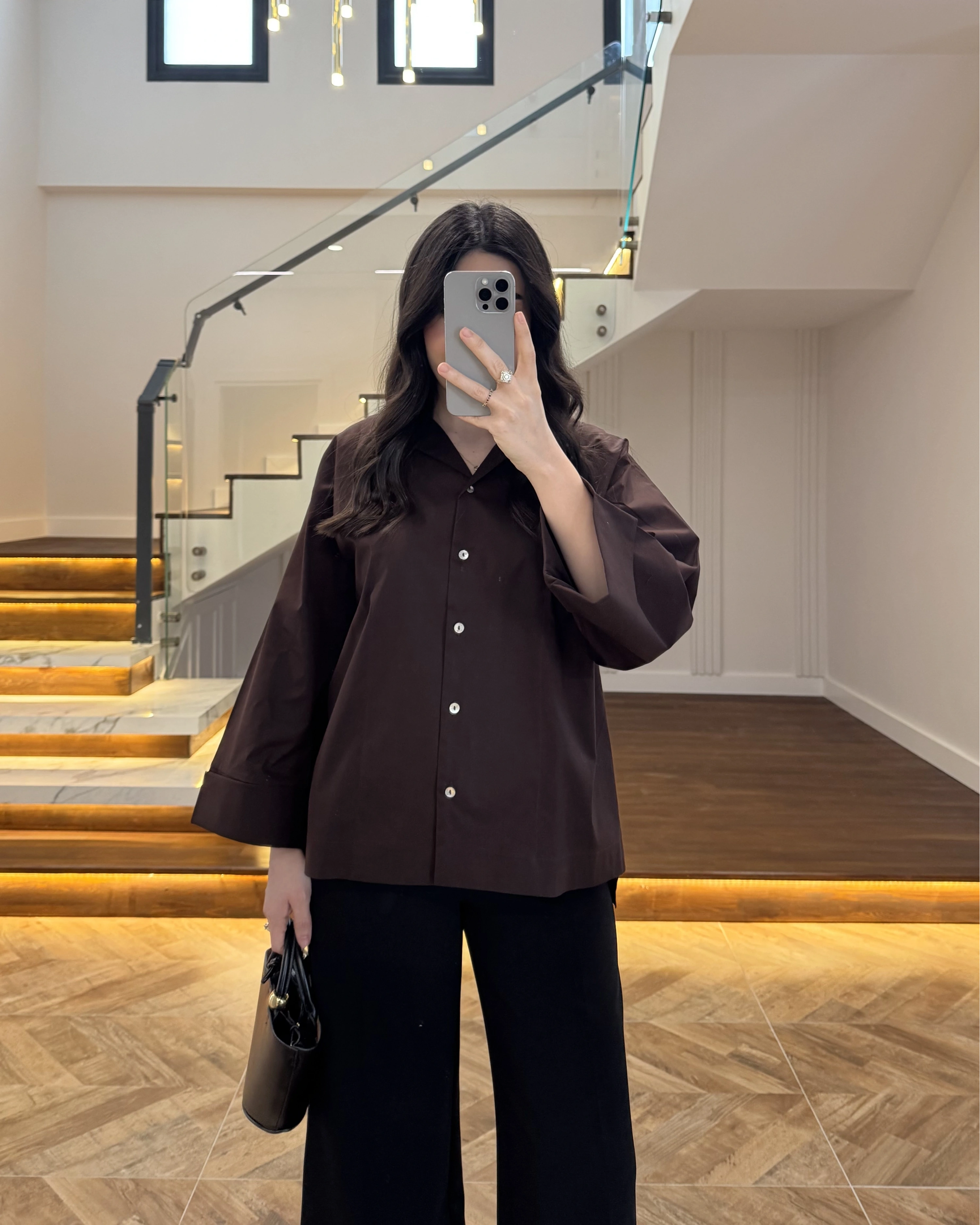 KAHVE OVERSİZE DUBLE KOL GÖMLEK-5411