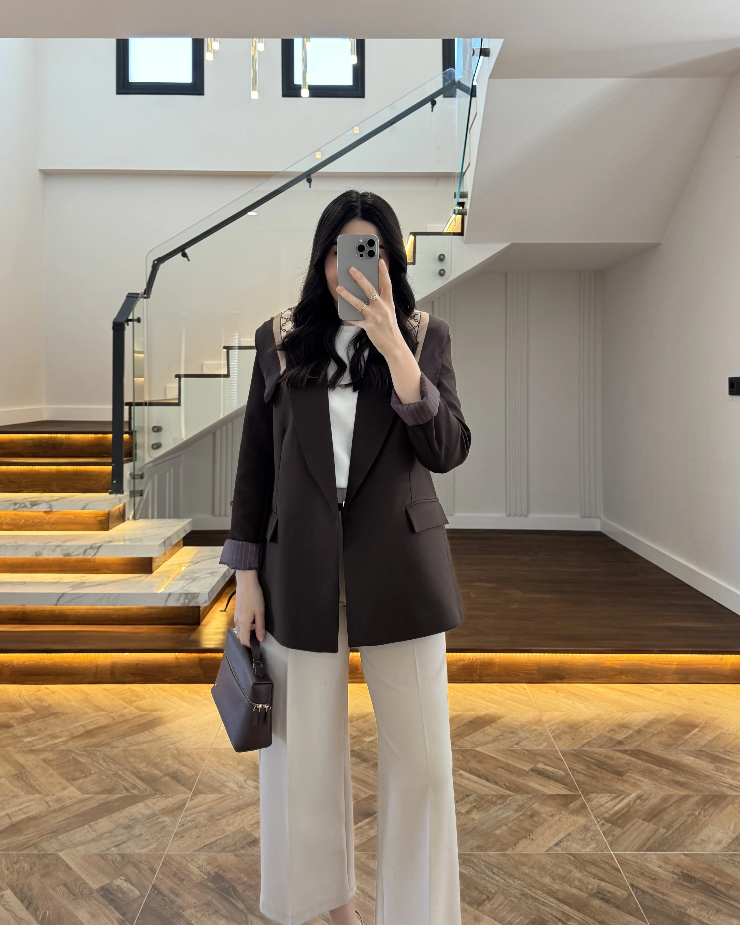 KAHVE ÇİZGİLİ ASTARLI BLAZER CEKET -7560