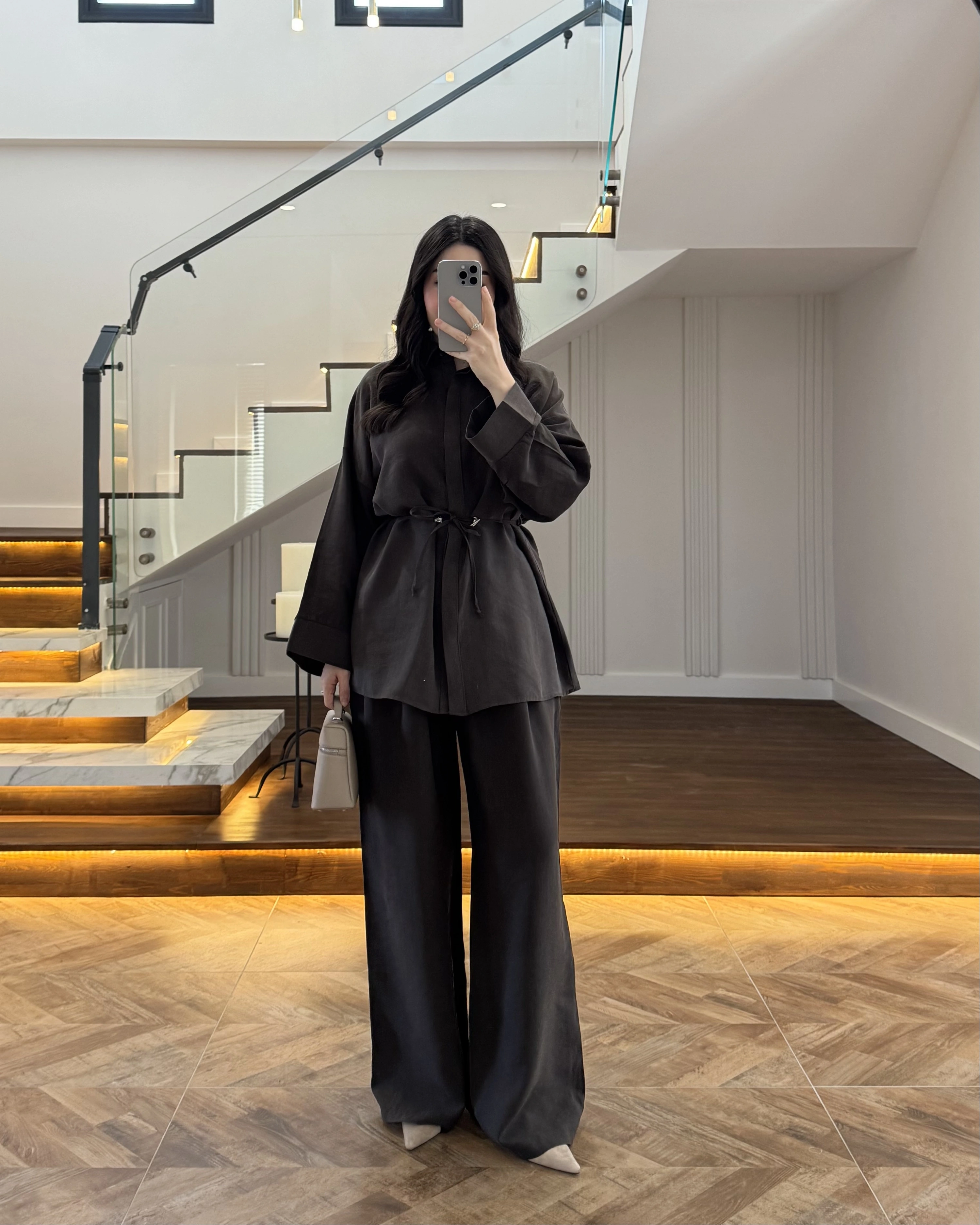 KAHVE TENSEL GÖMLEK PANTOLON TAKIM -51281