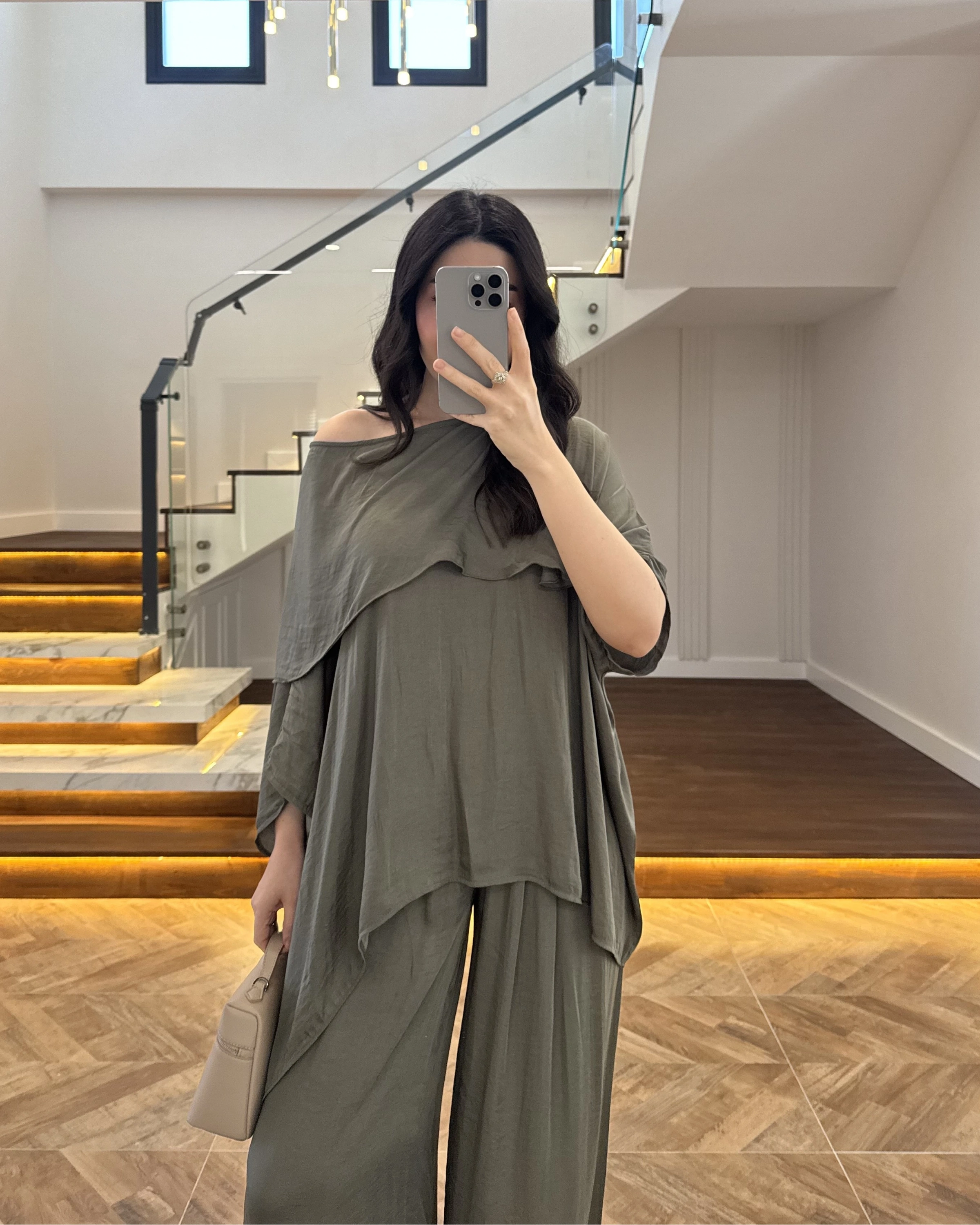 HAKİ ASİMETRİK KESİM OVERSİZE BLUZ PANTOLON TAKIM-1332