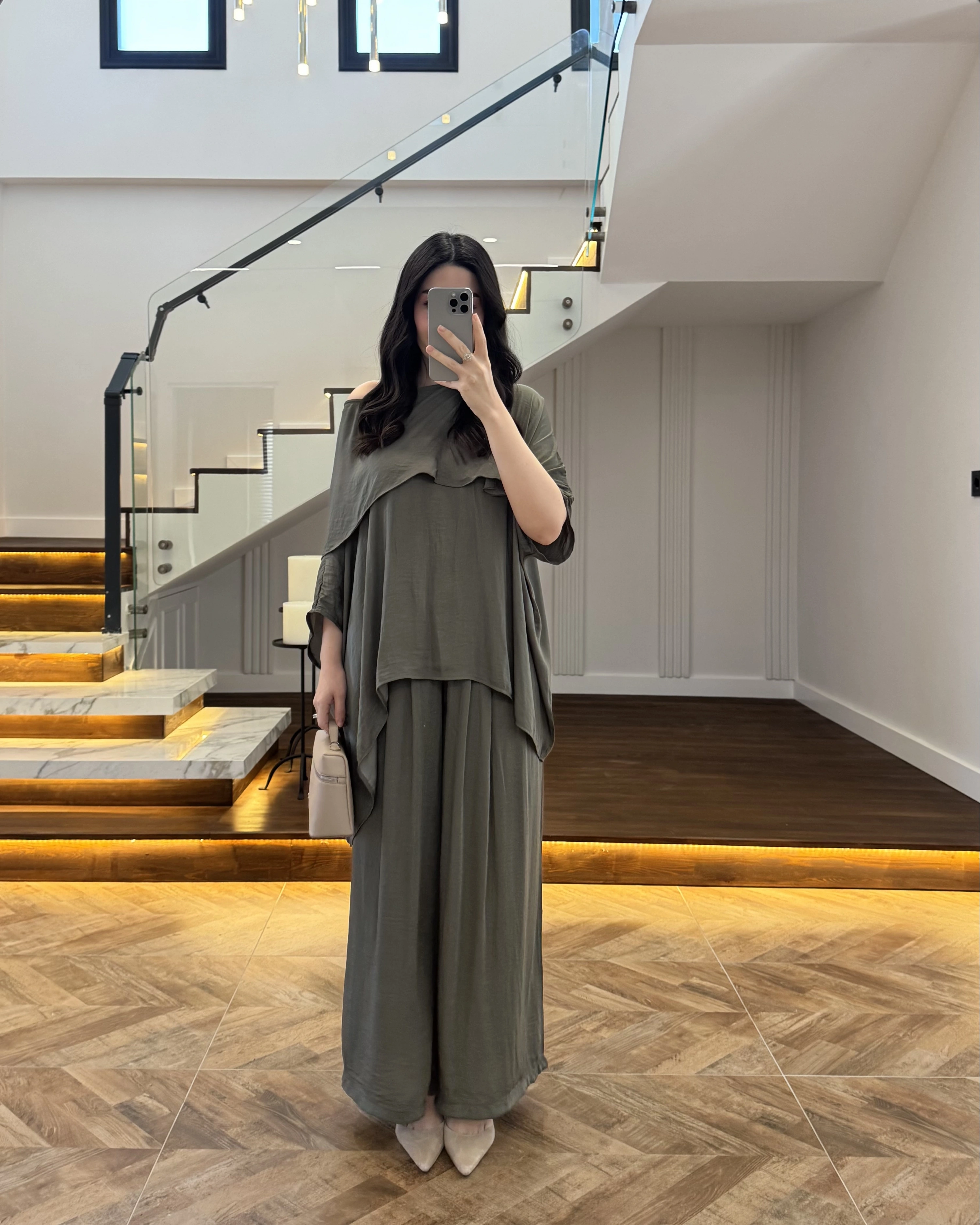 HAKİ ASİMETRİK KESİM OVERSİZE BLUZ PANTOLON TAKIM-1332