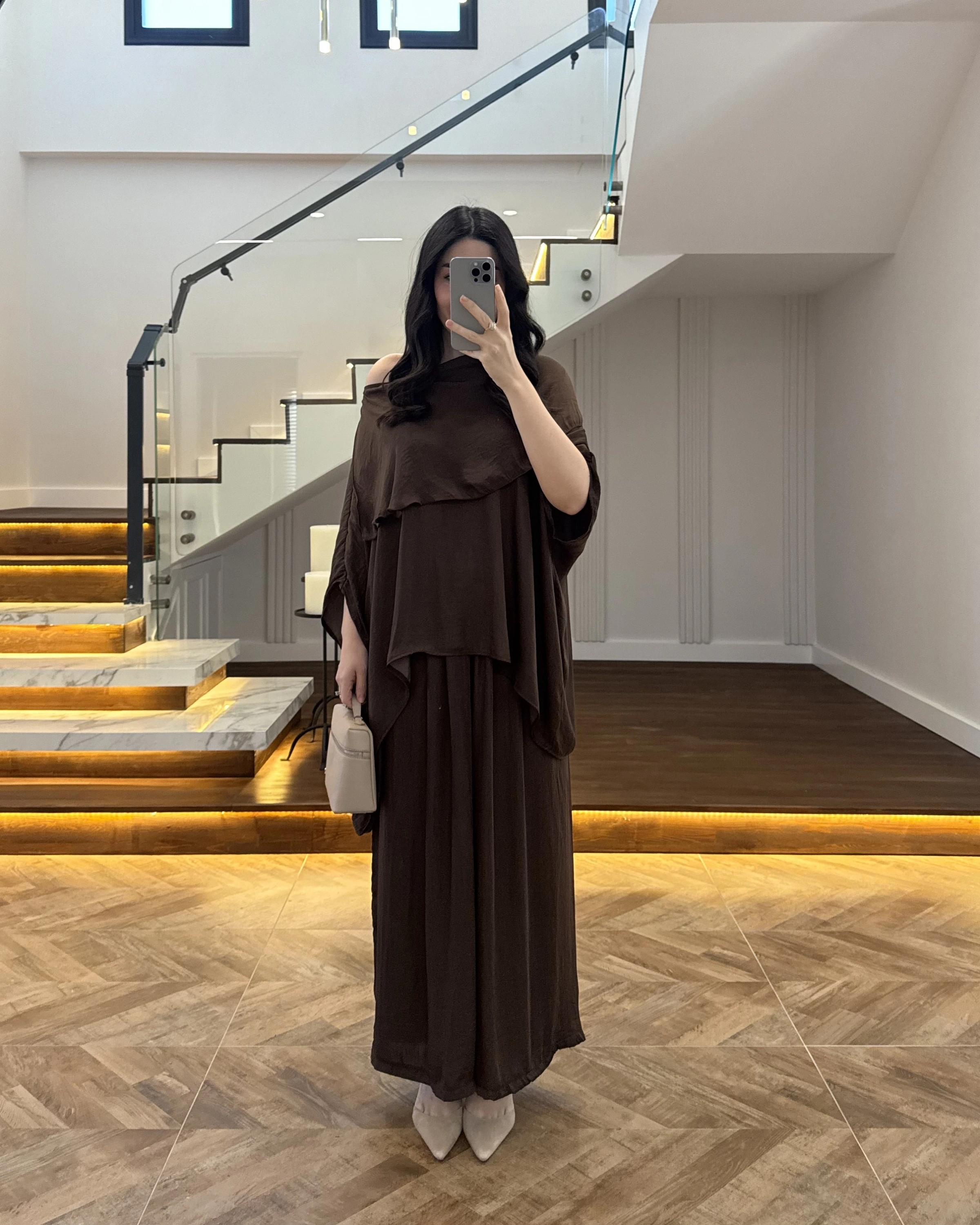 KAHVE ASİMETRİK KESİM OVERSİZE BLUZ PANTOLON TAKIM-1332