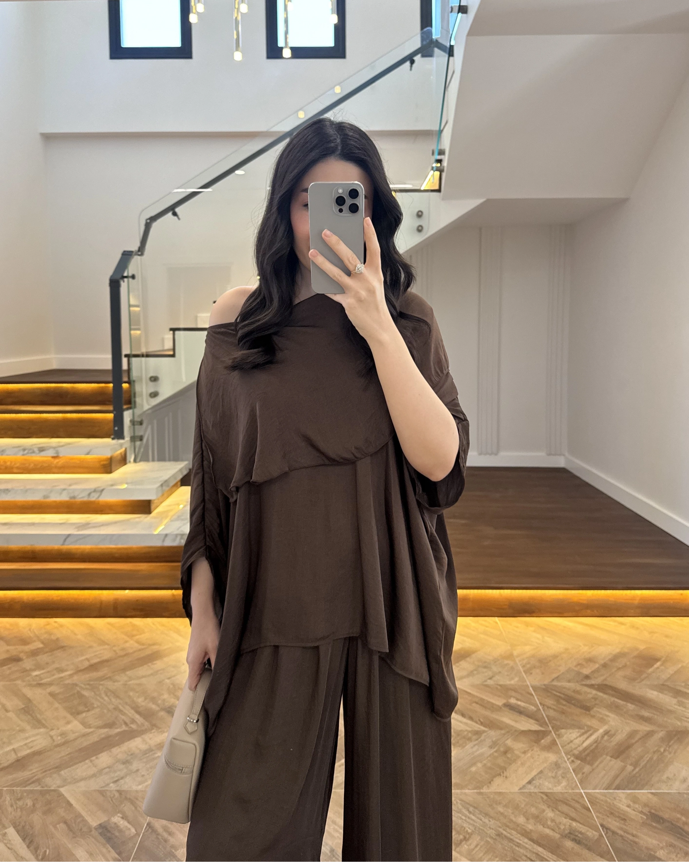 KAHVE ASİMETRİK KESİM OVERSİZE BLUZ PANTOLON TAKIM-1332