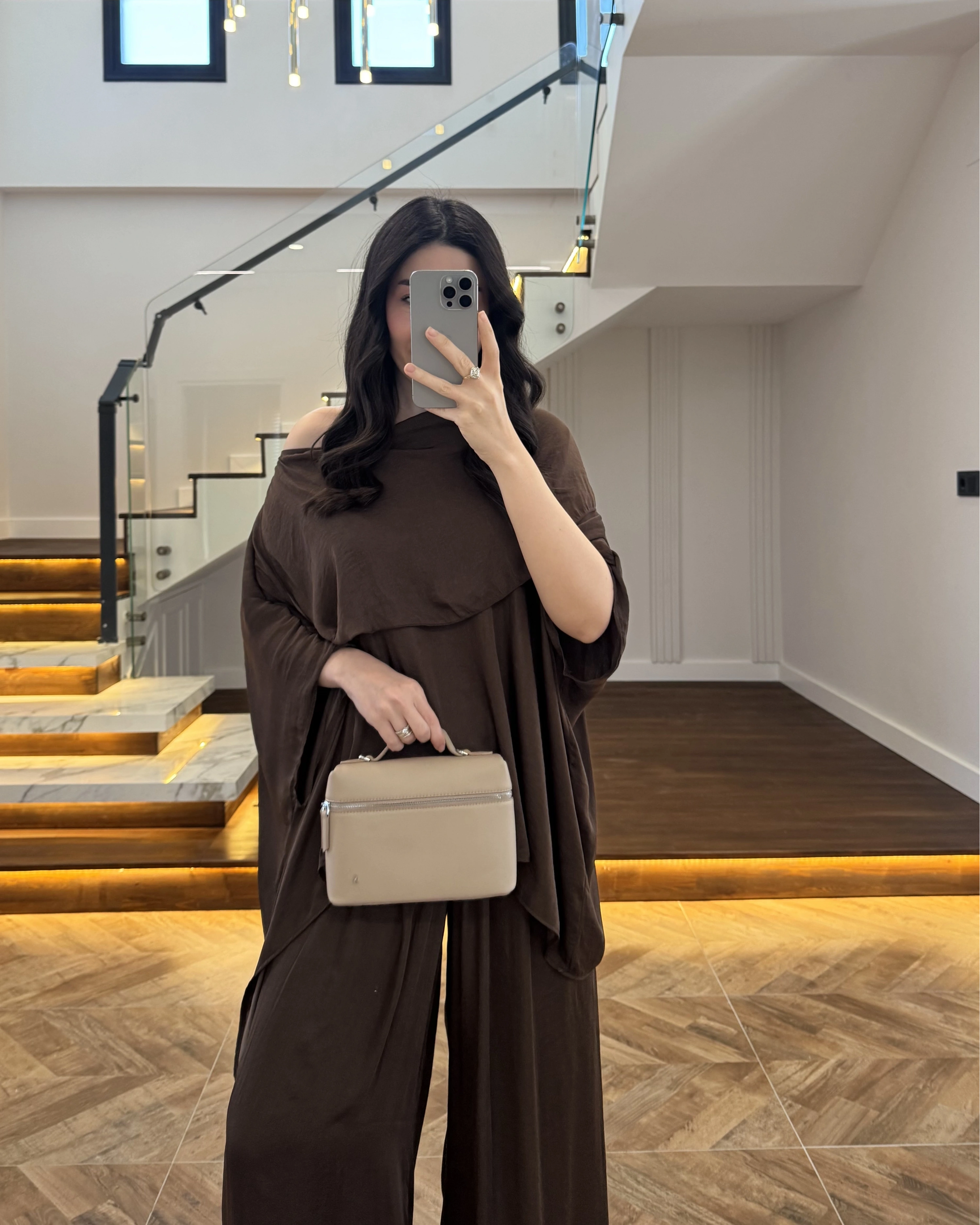 KAHVE ASİMETRİK KESİM OVERSİZE BLUZ PANTOLON TAKIM-1332