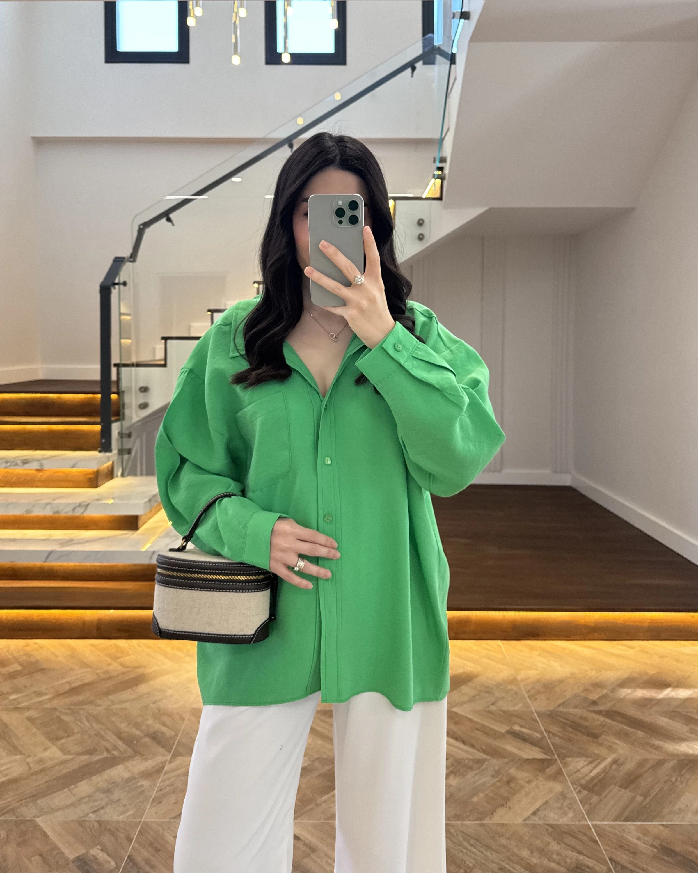 YEŞİL DÜŞÜK OMUZLU MODAL GÖMLEK -5050