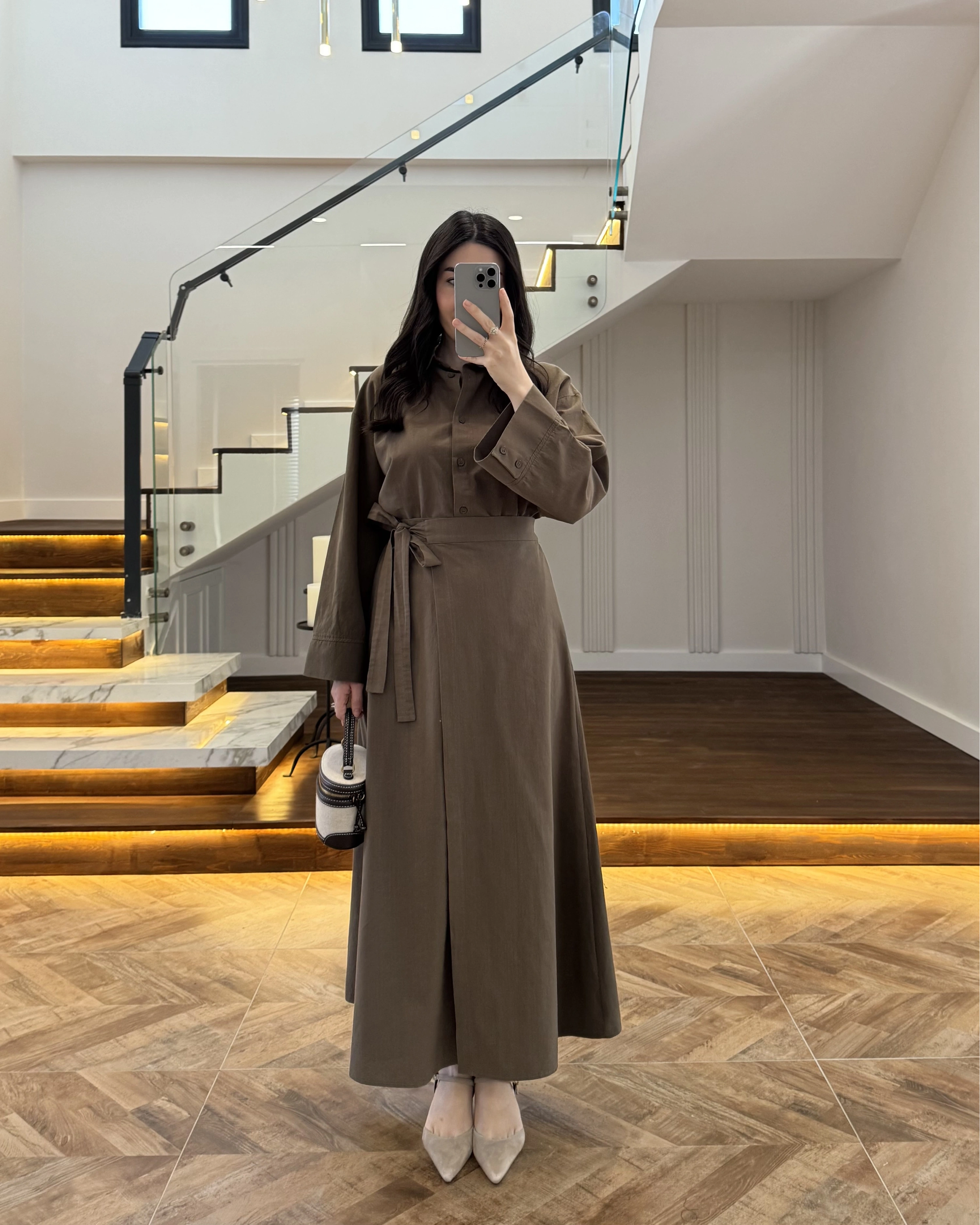 HAKİ HAM KETEN ETEK GÖMLEK TAKIM-8973