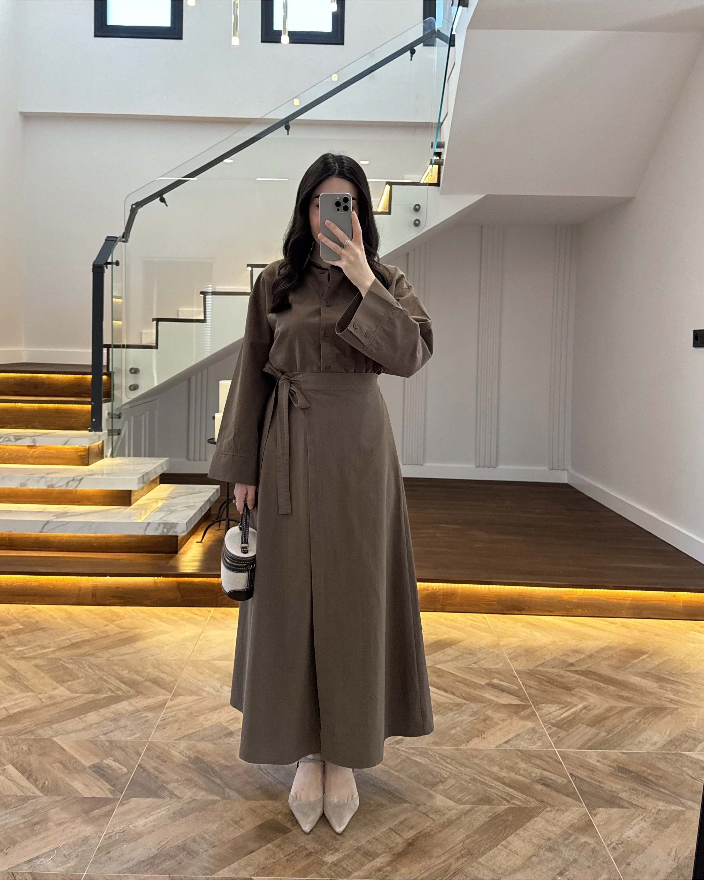 HAKİ HAM KETEN ETEK GÖMLEK TAKIM-8973