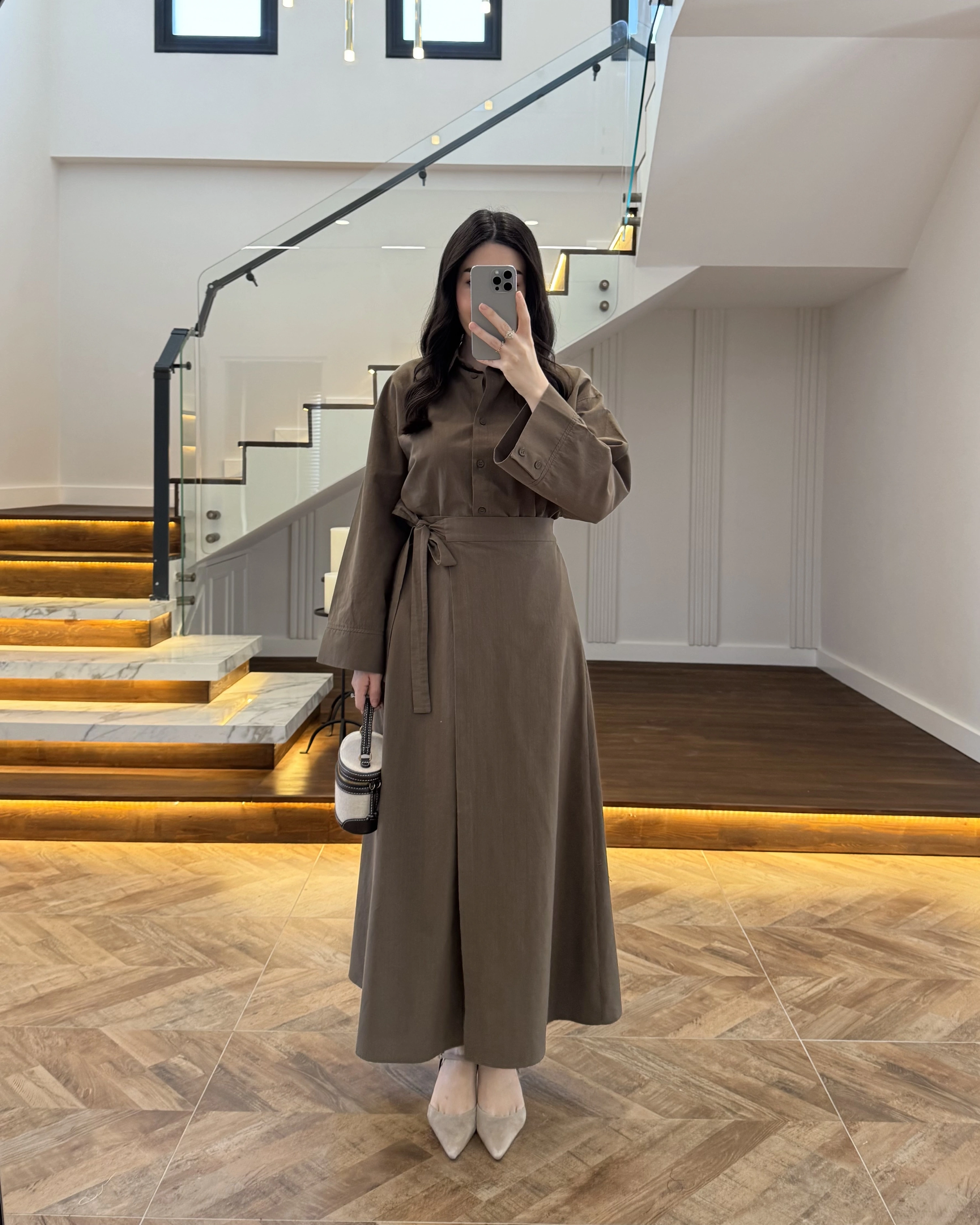 HAKİ HAM KETEN ETEK GÖMLEK TAKIM-8973