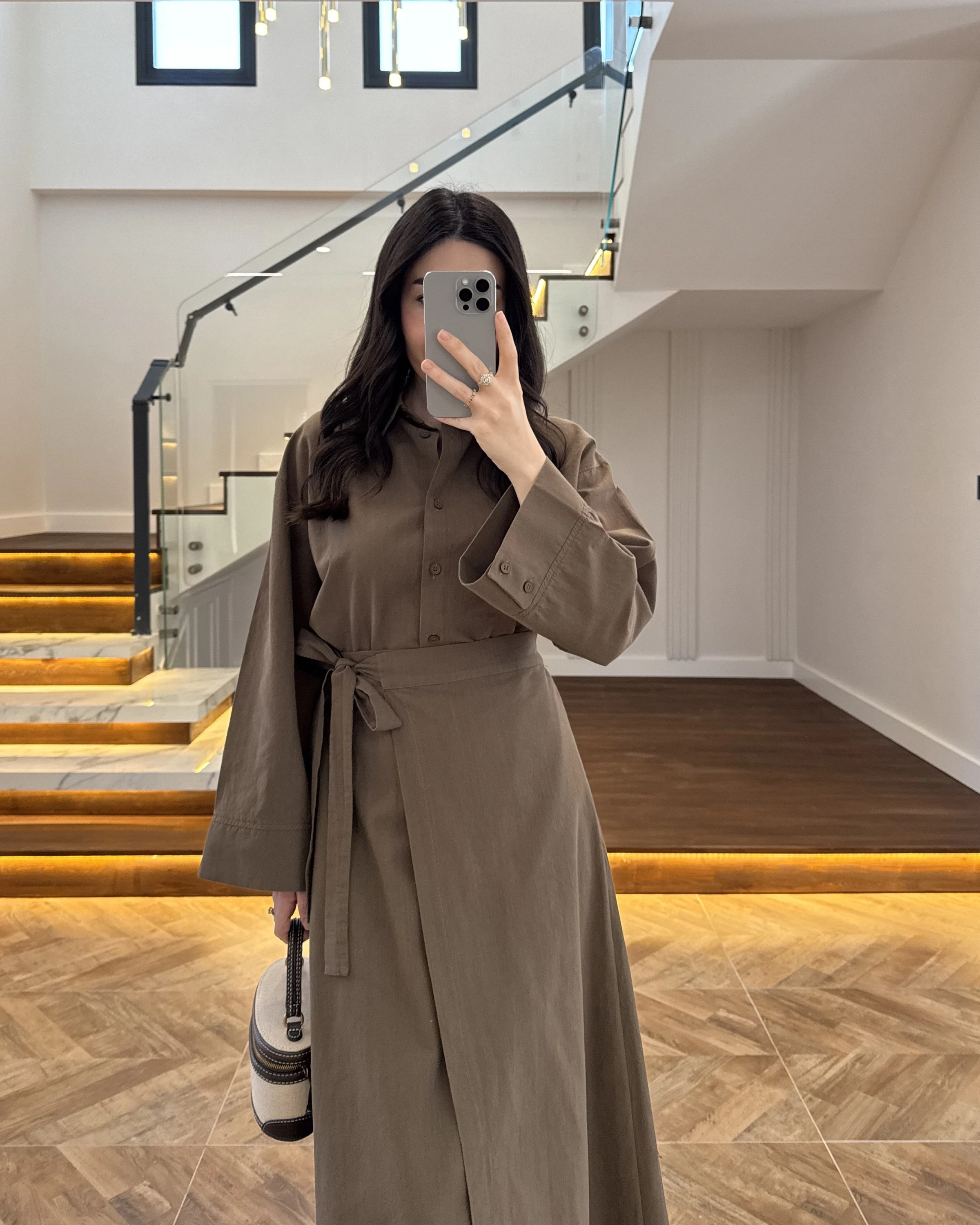 HAKİ HAM KETEN ETEK GÖMLEK TAKIM-8973