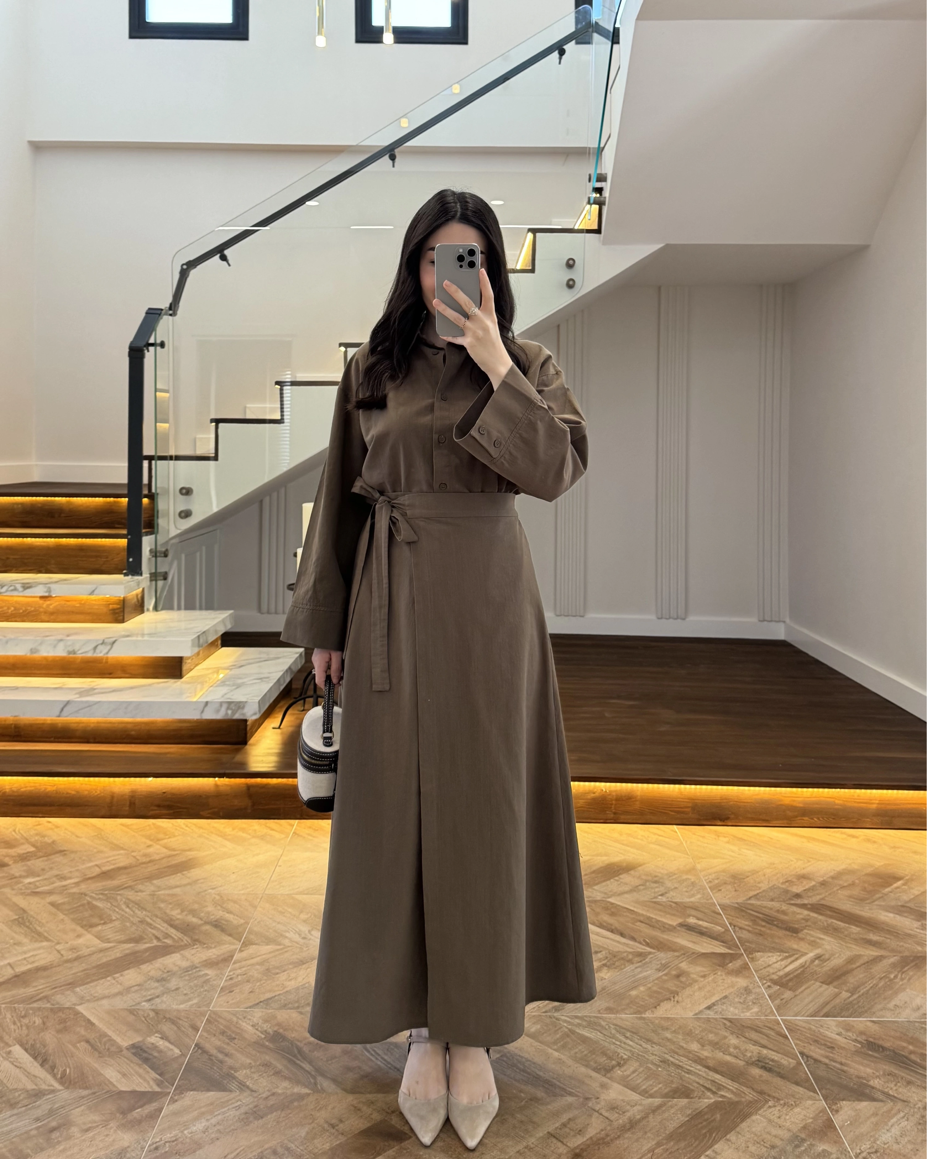 HAKİ HAM KETEN ETEK GÖMLEK TAKIM-8973