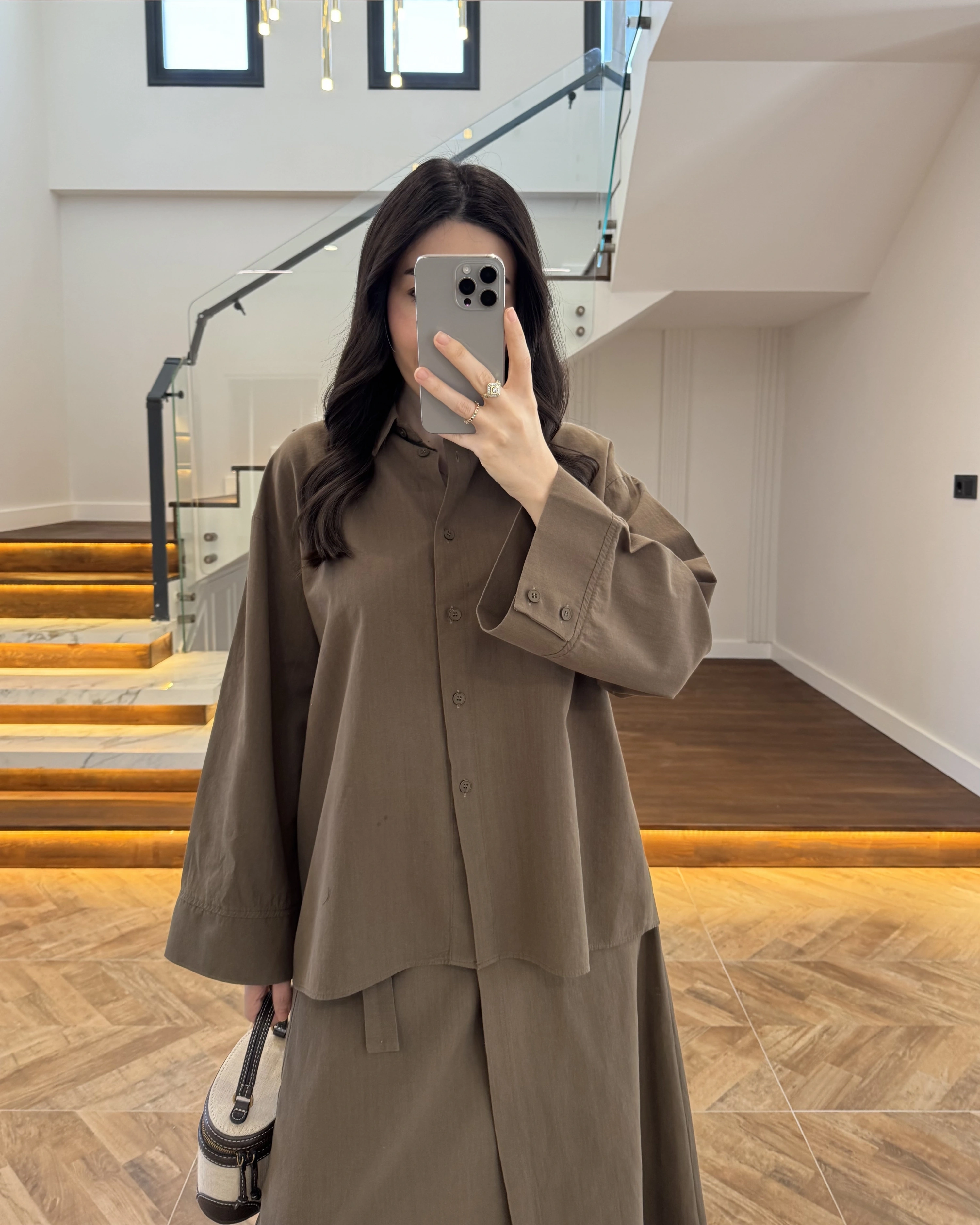 HAKİ HAM KETEN ETEK GÖMLEK TAKIM-8973