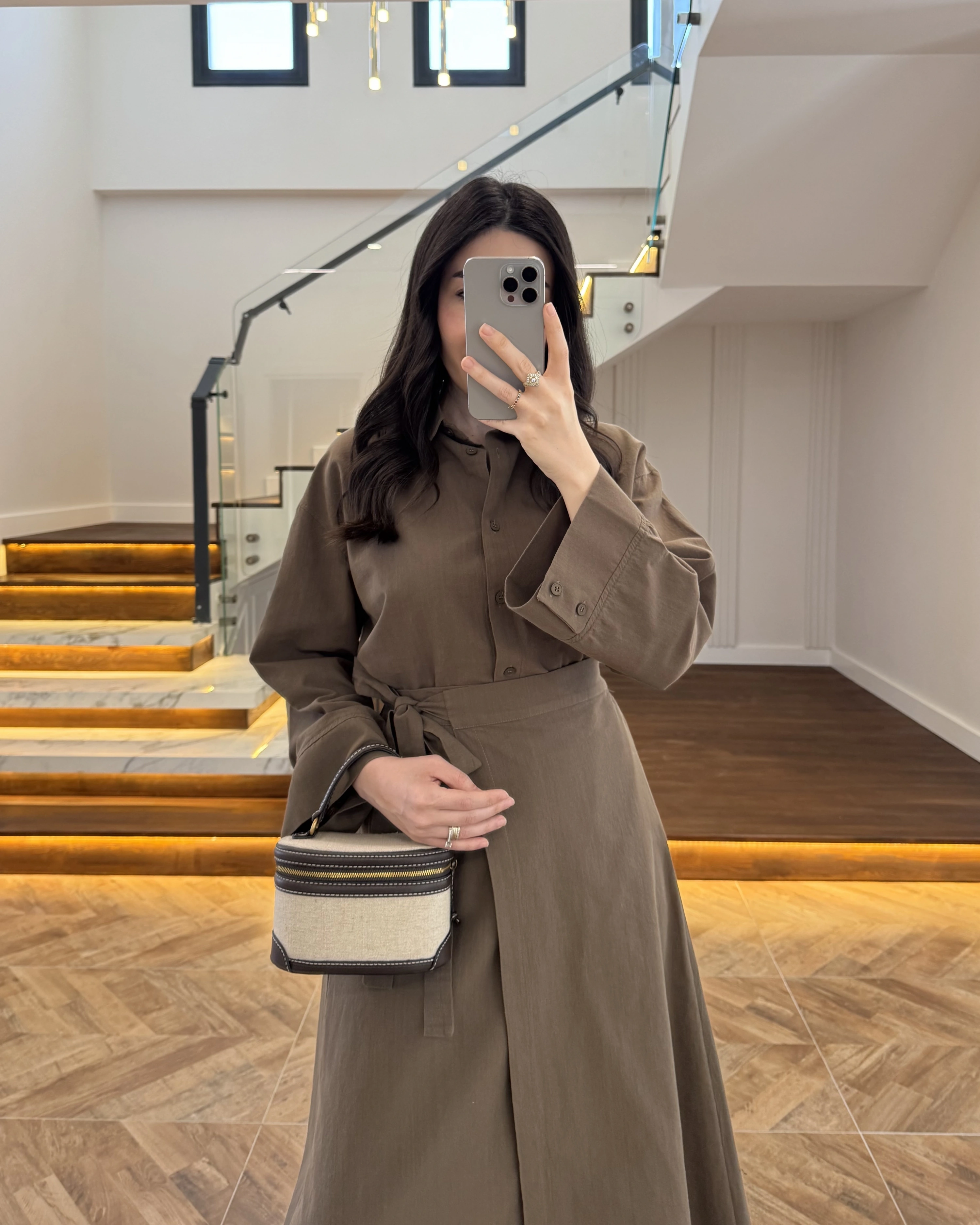 HAKİ HAM KETEN ETEK GÖMLEK TAKIM-8973