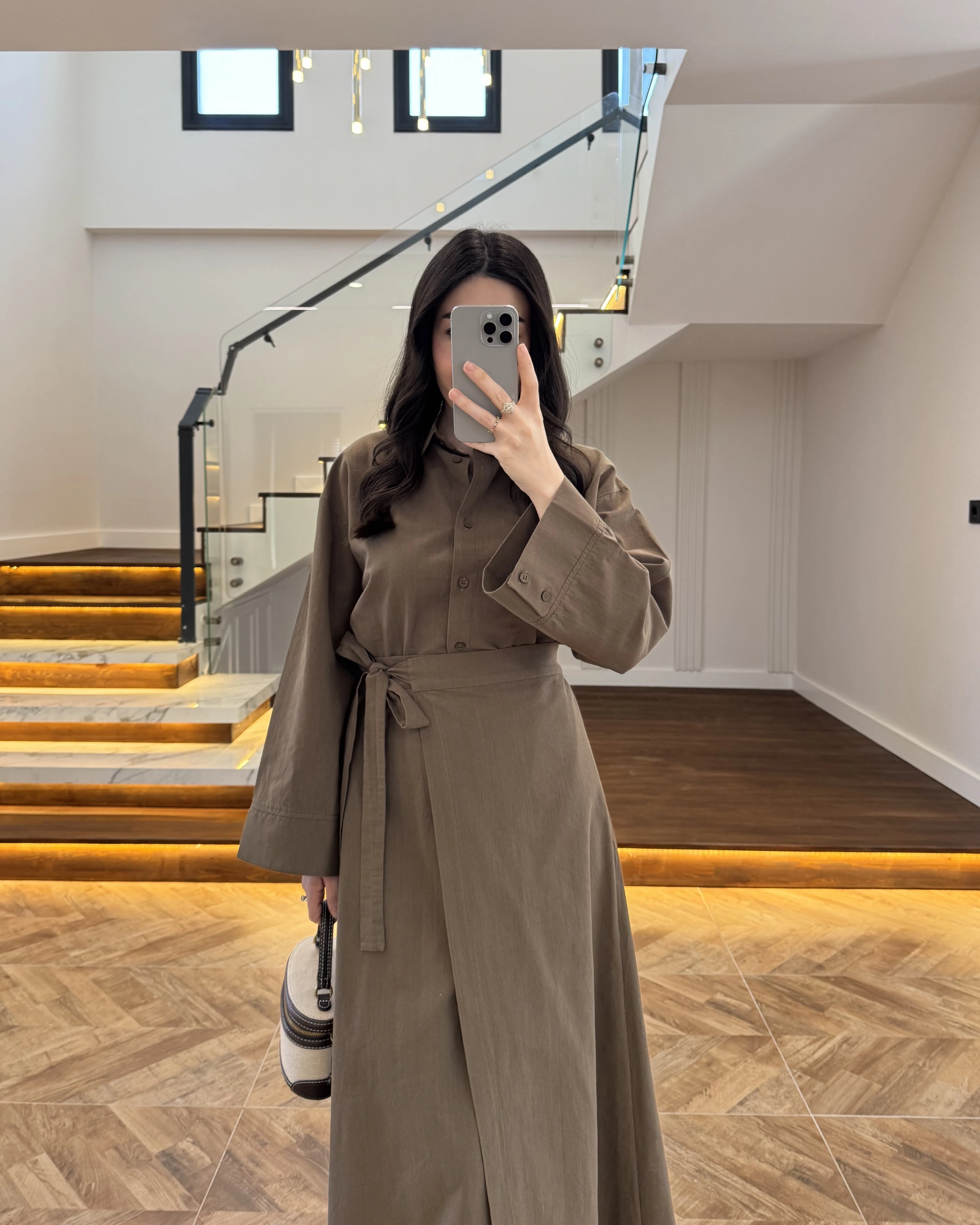 HAKİ HAM KETEN ETEK GÖMLEK TAKIM-8973