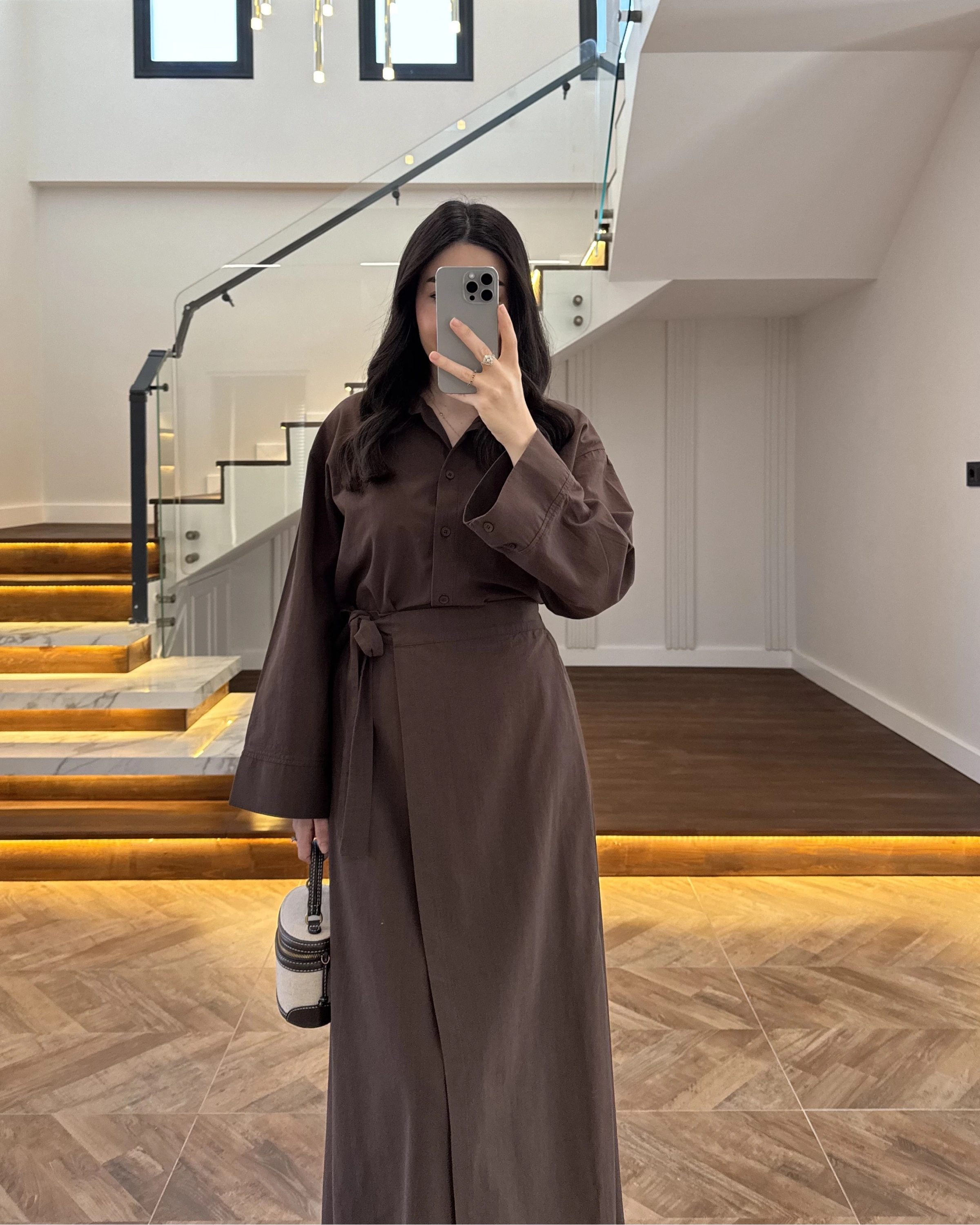 KAHVE HAM KETEN ETEK GÖMLEK TAKIM-8973