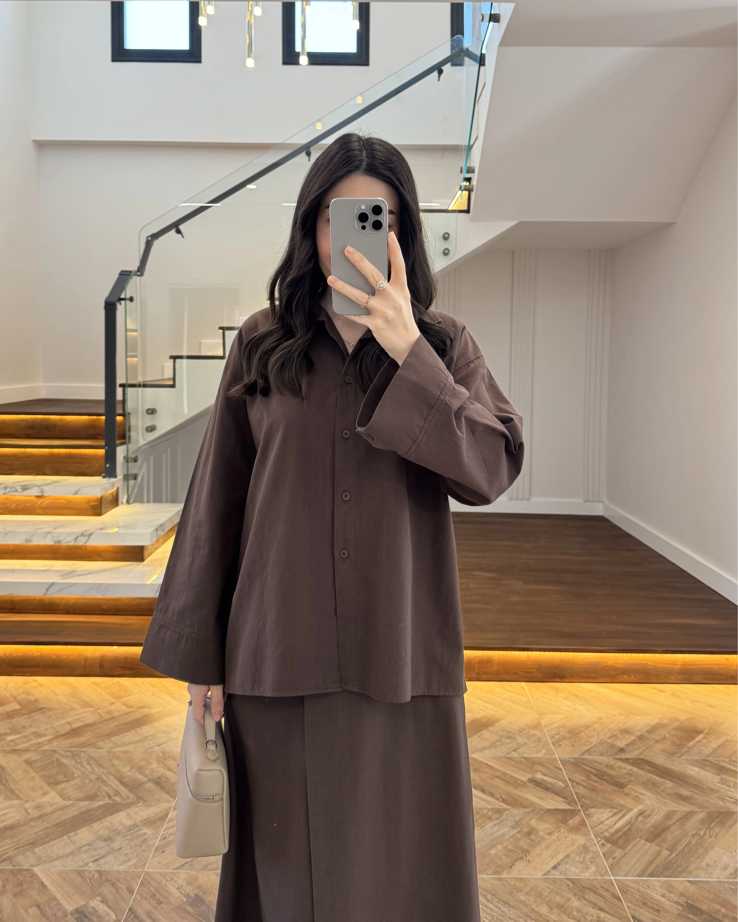 KAHVE HAM KETEN ETEK GÖMLEK TAKIM-8973