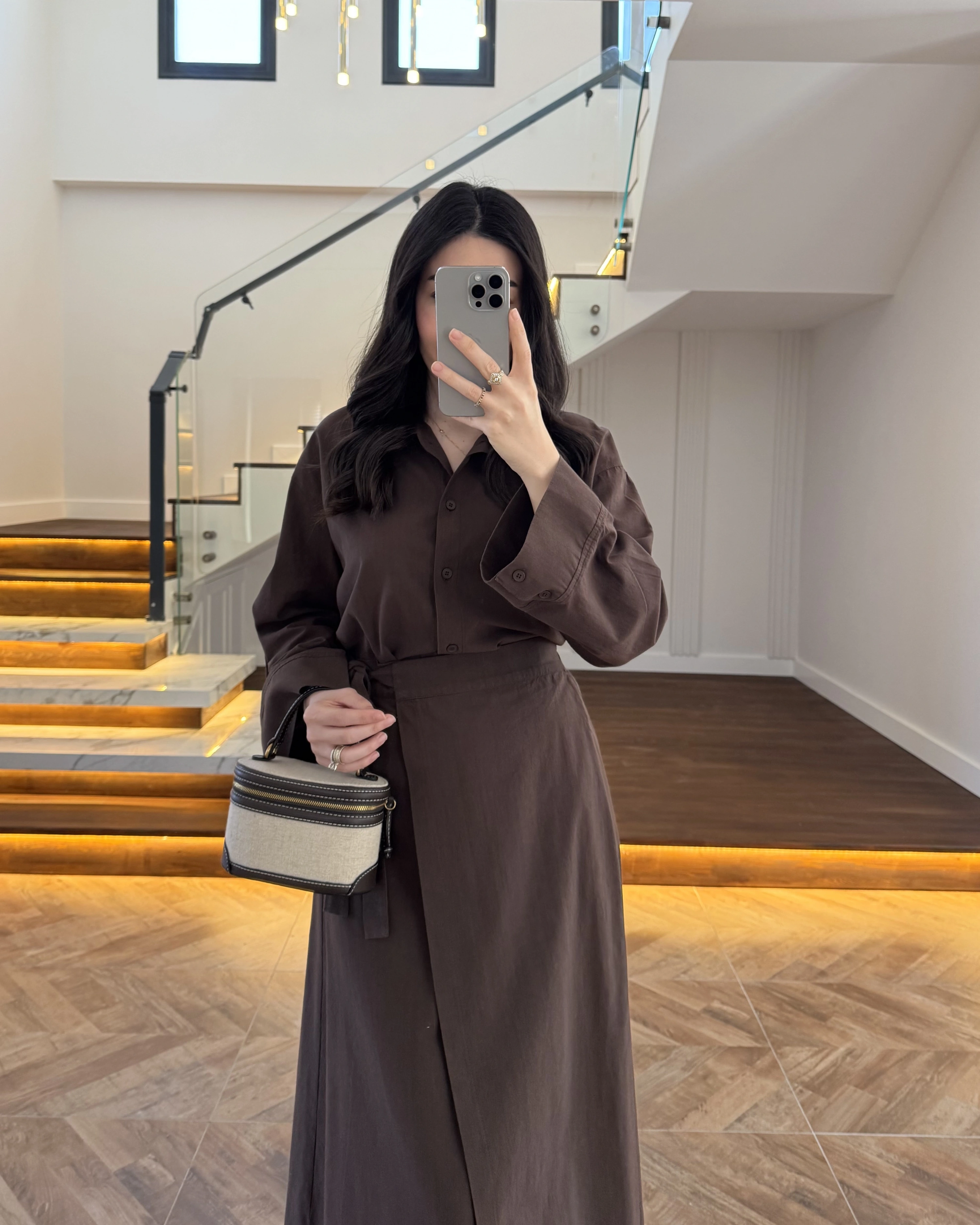 KAHVE HAM KETEN ETEK GÖMLEK TAKIM-8973