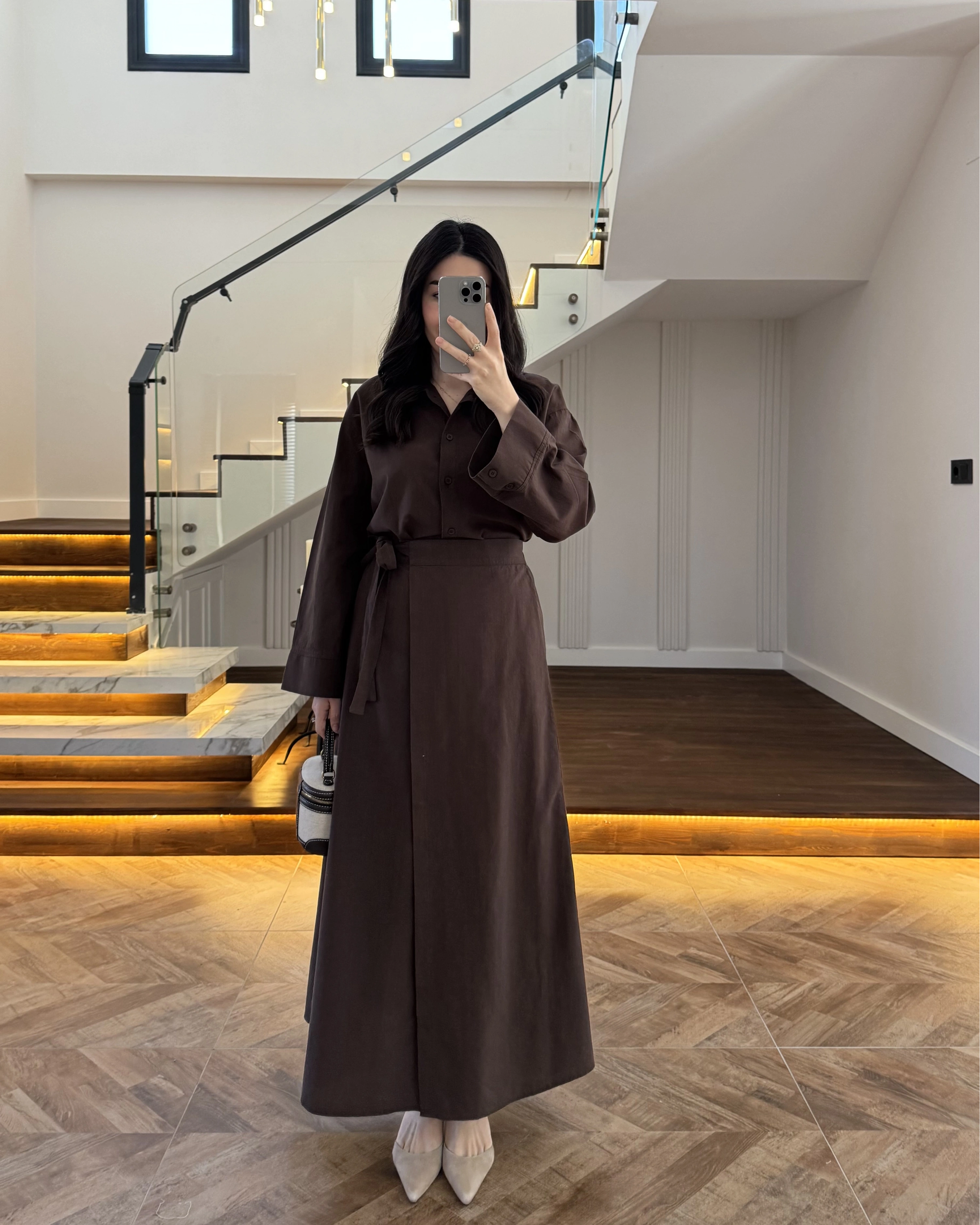 KAHVE HAM KETEN ETEK GÖMLEK TAKIM-8973