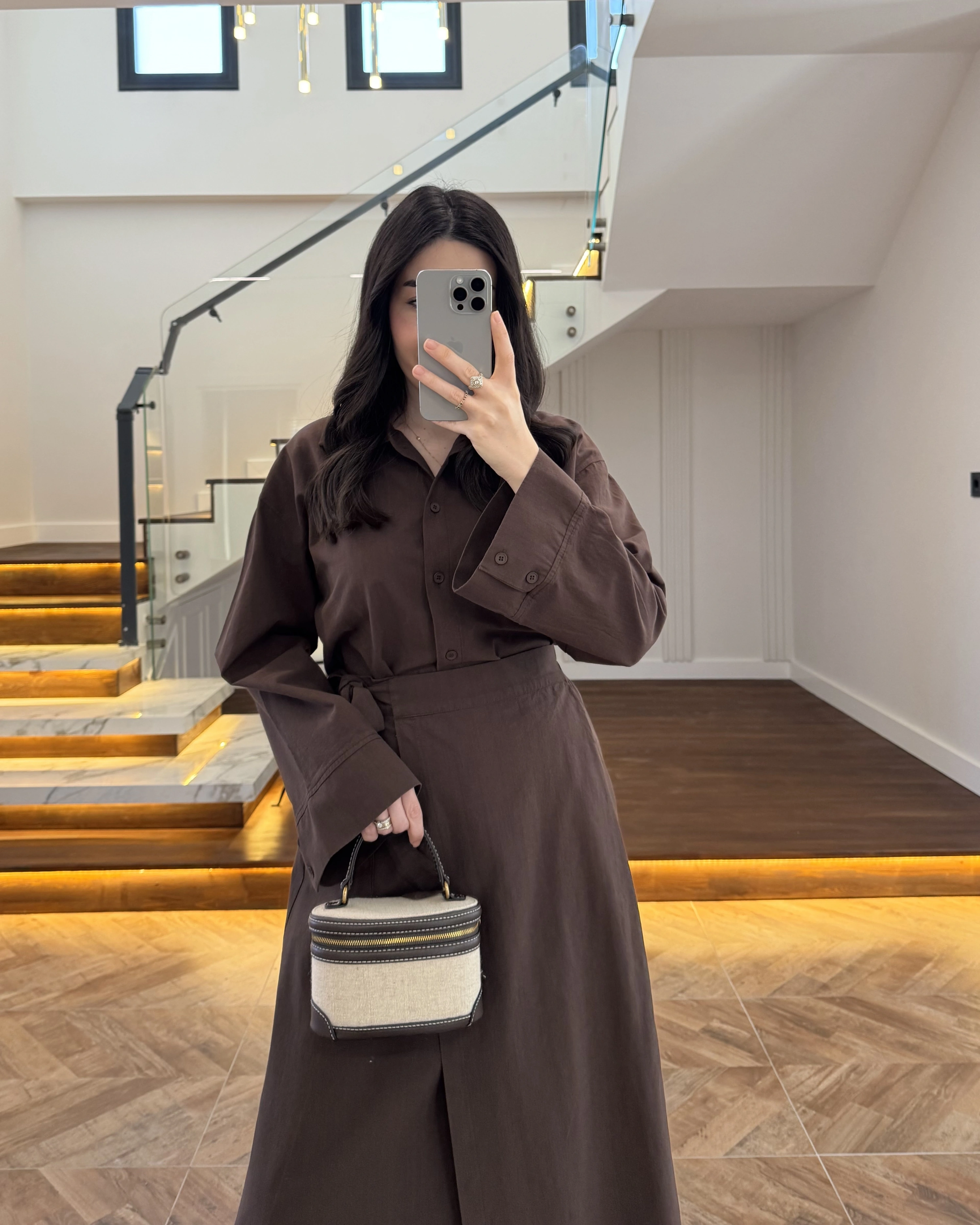 KAHVE HAM KETEN ETEK GÖMLEK TAKIM-8973