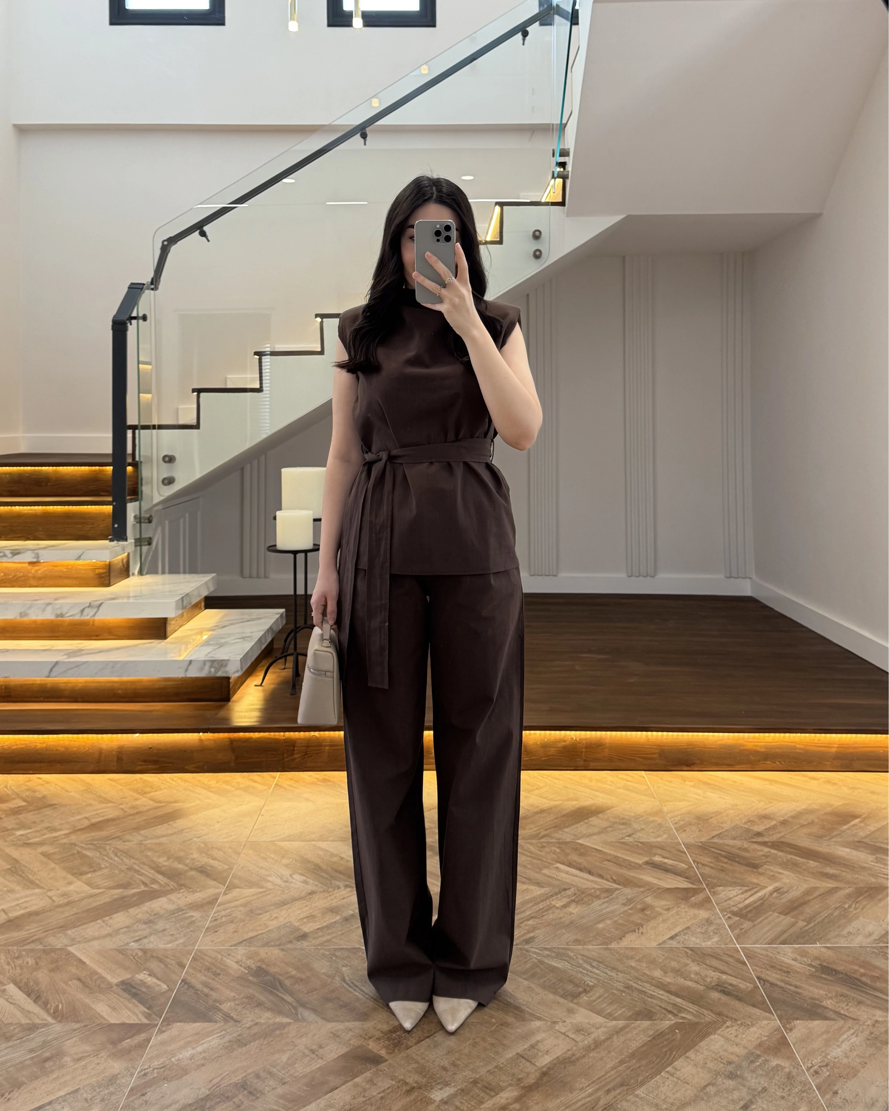 KAHVE DEGAJE YAKA KEMERLİ TAKIM -8965