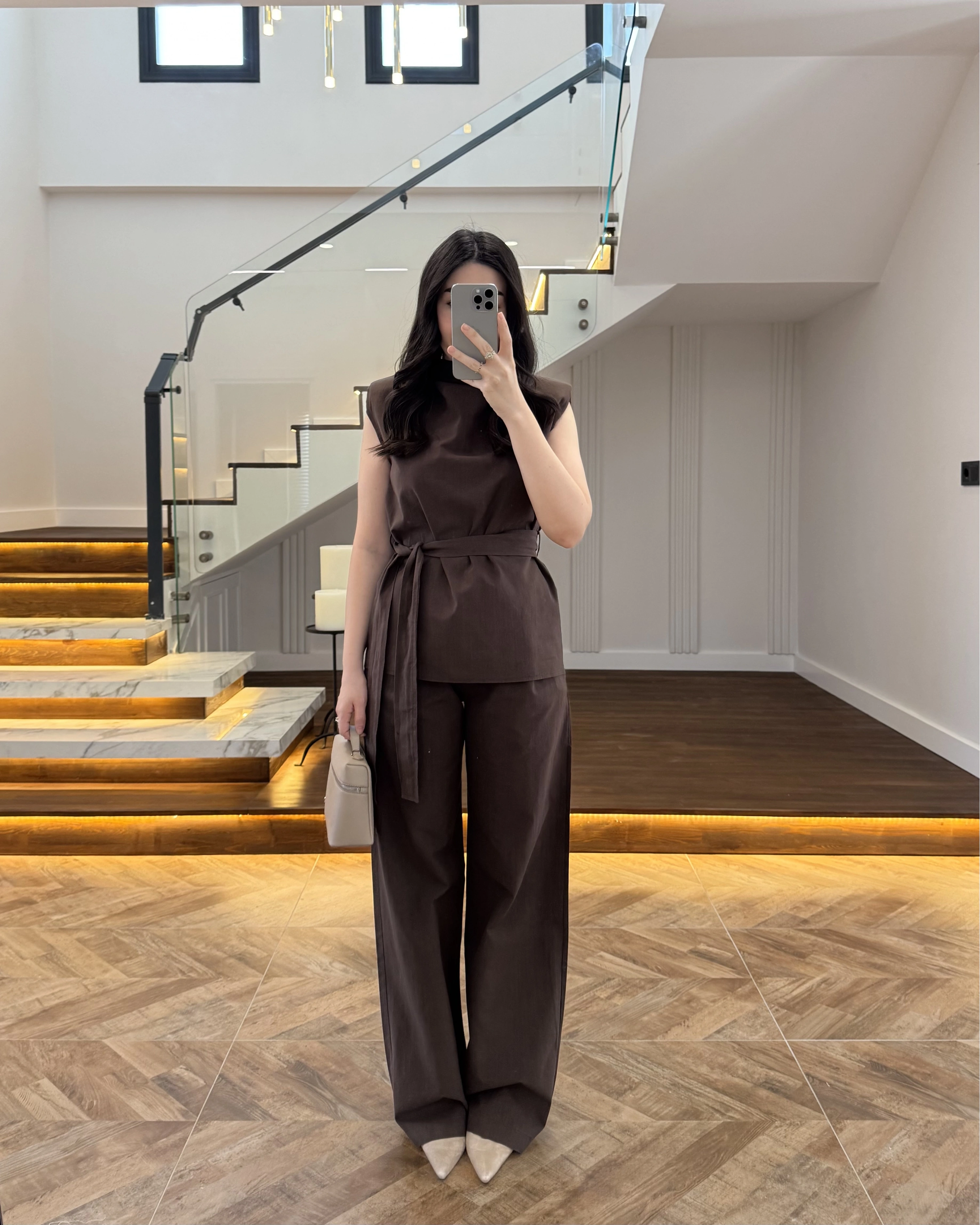 KAHVE DEGAJE YAKA KEMERLİ TAKIM -8965