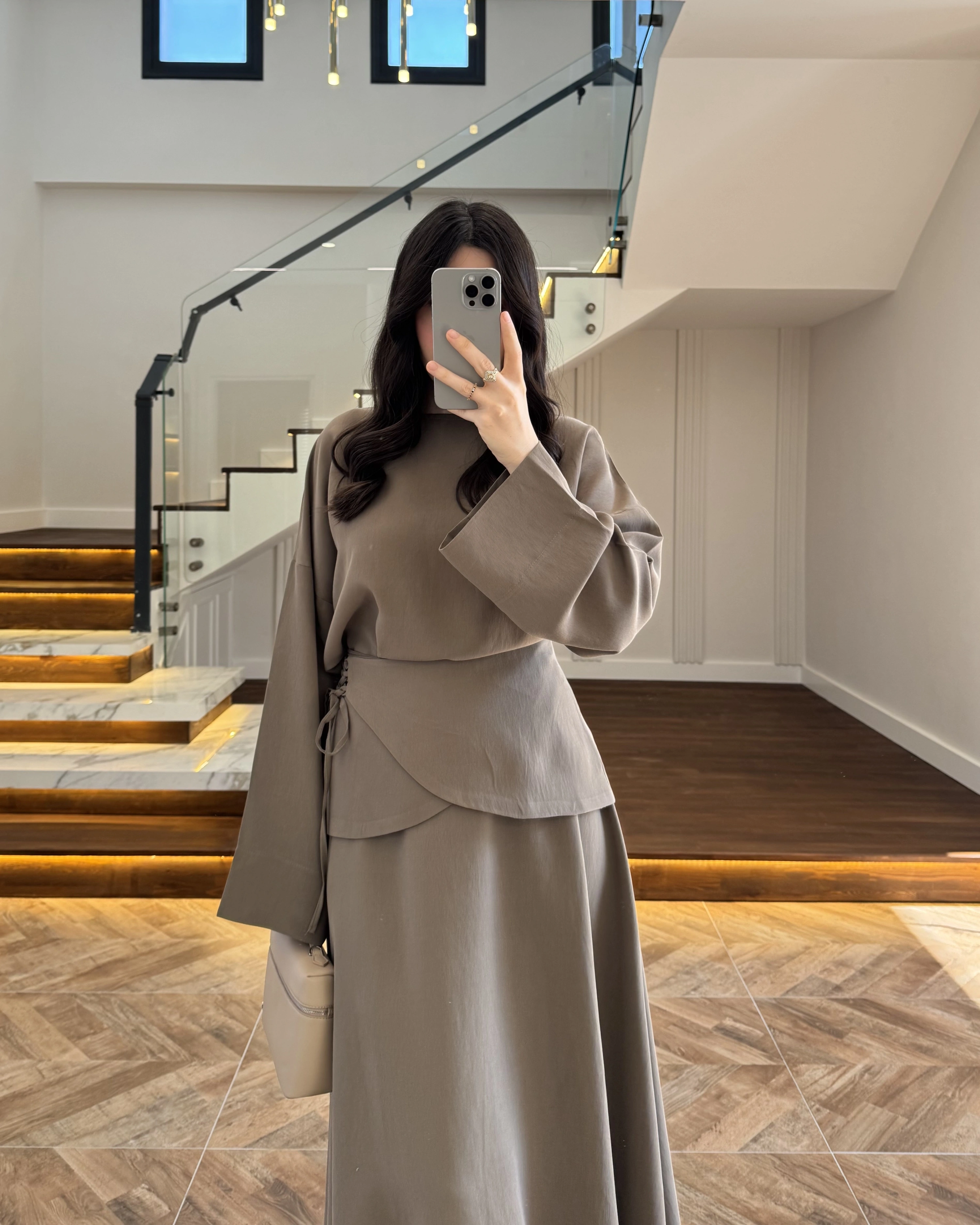 HAKİ TASARIM ETEK BLUZ TAKIM -9034