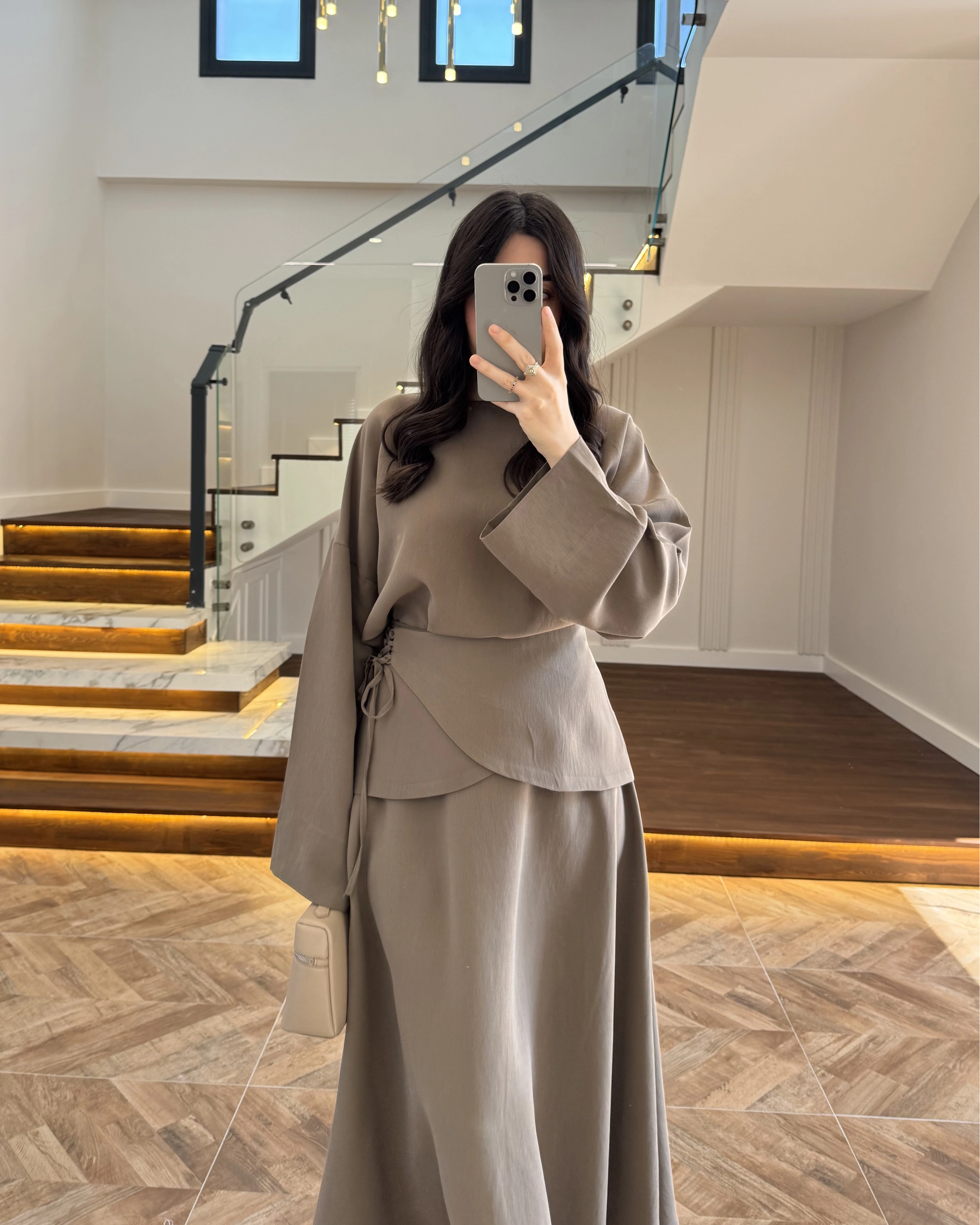 HAKİ TASARIM ETEK BLUZ TAKIM -9034