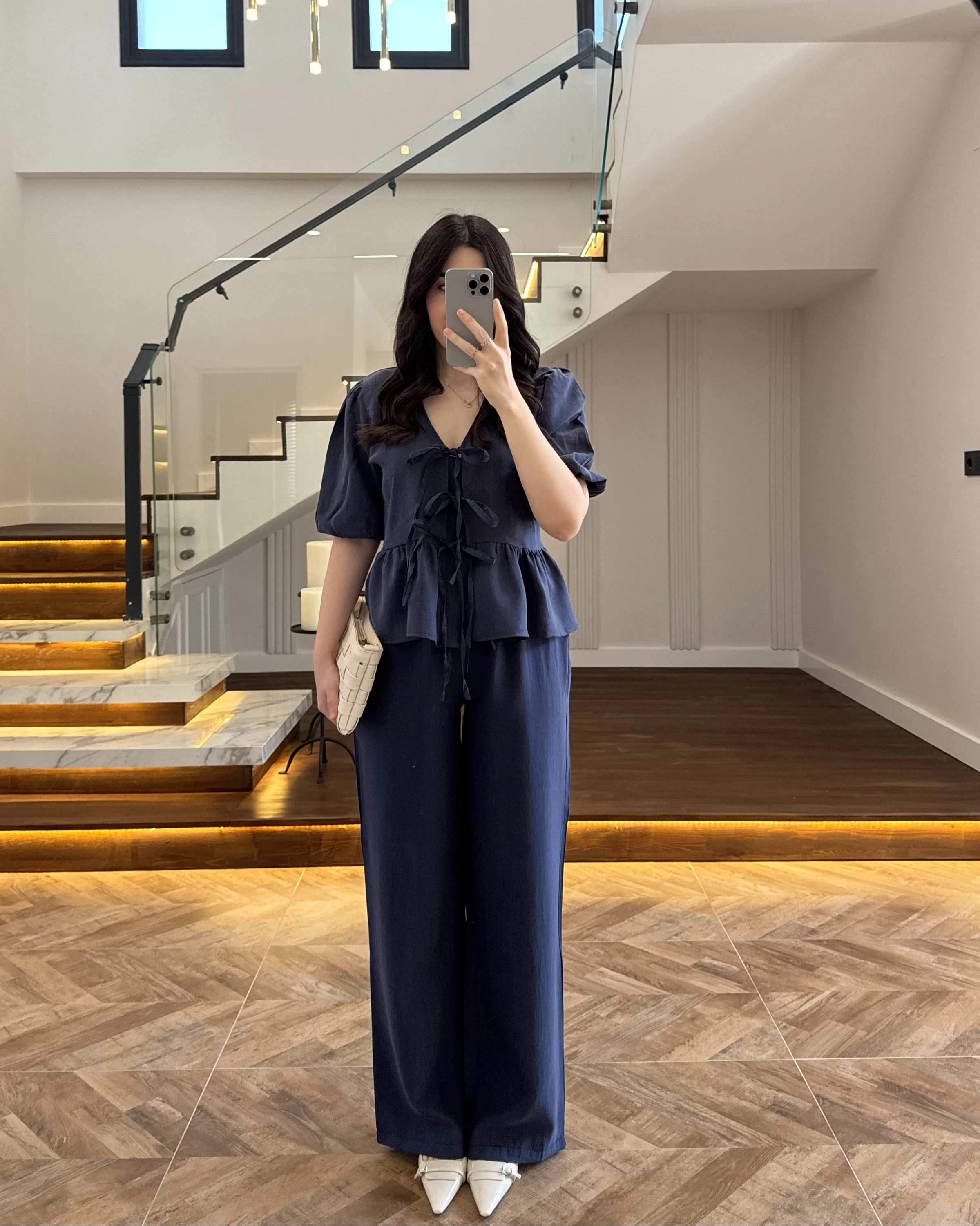 LACİVERT ÖNÜ BAĞLAMALI BALON KOL TAKIM-267328