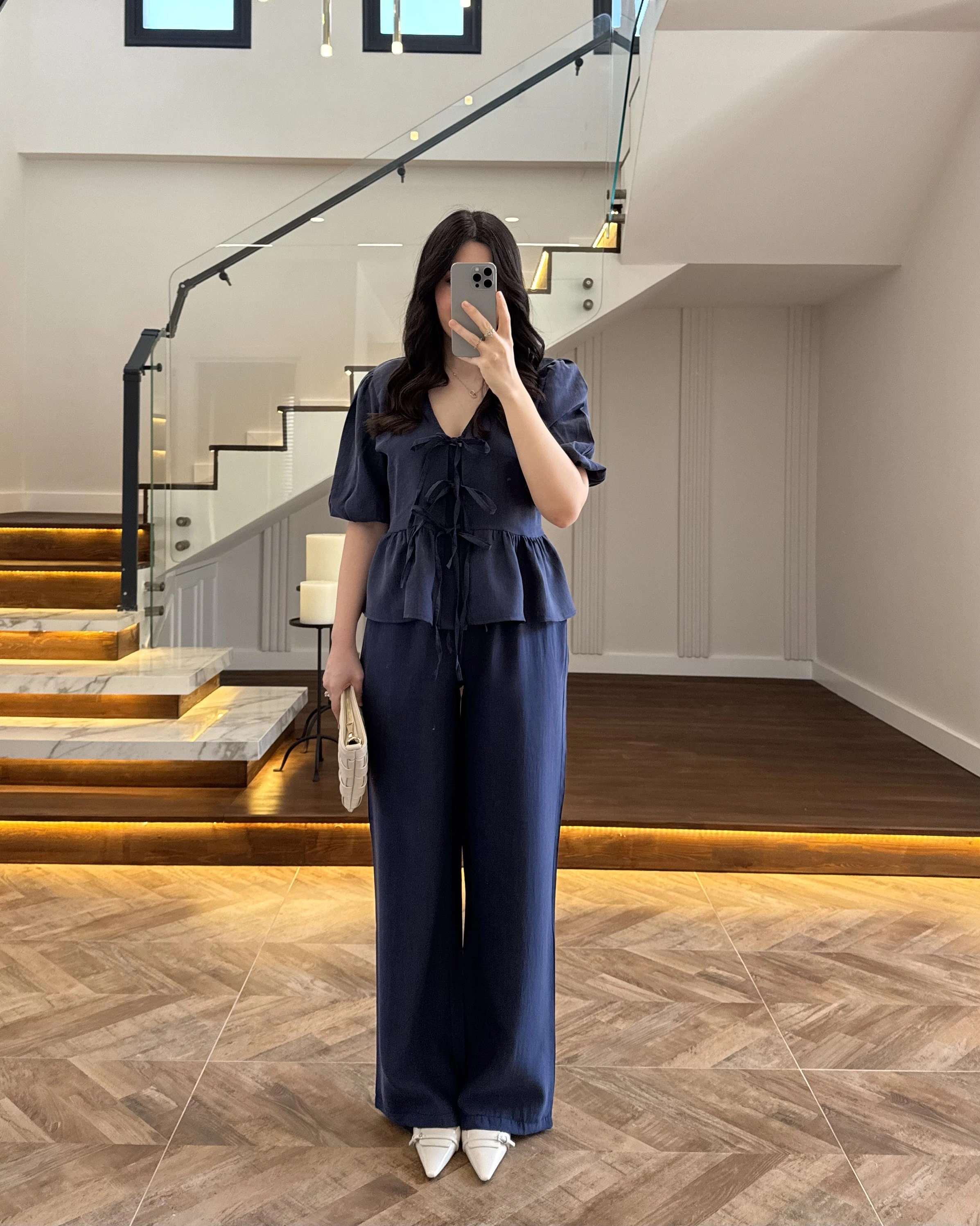 LACİVERT ÖNÜ BAĞLAMALI BALON KOL TAKIM-267328