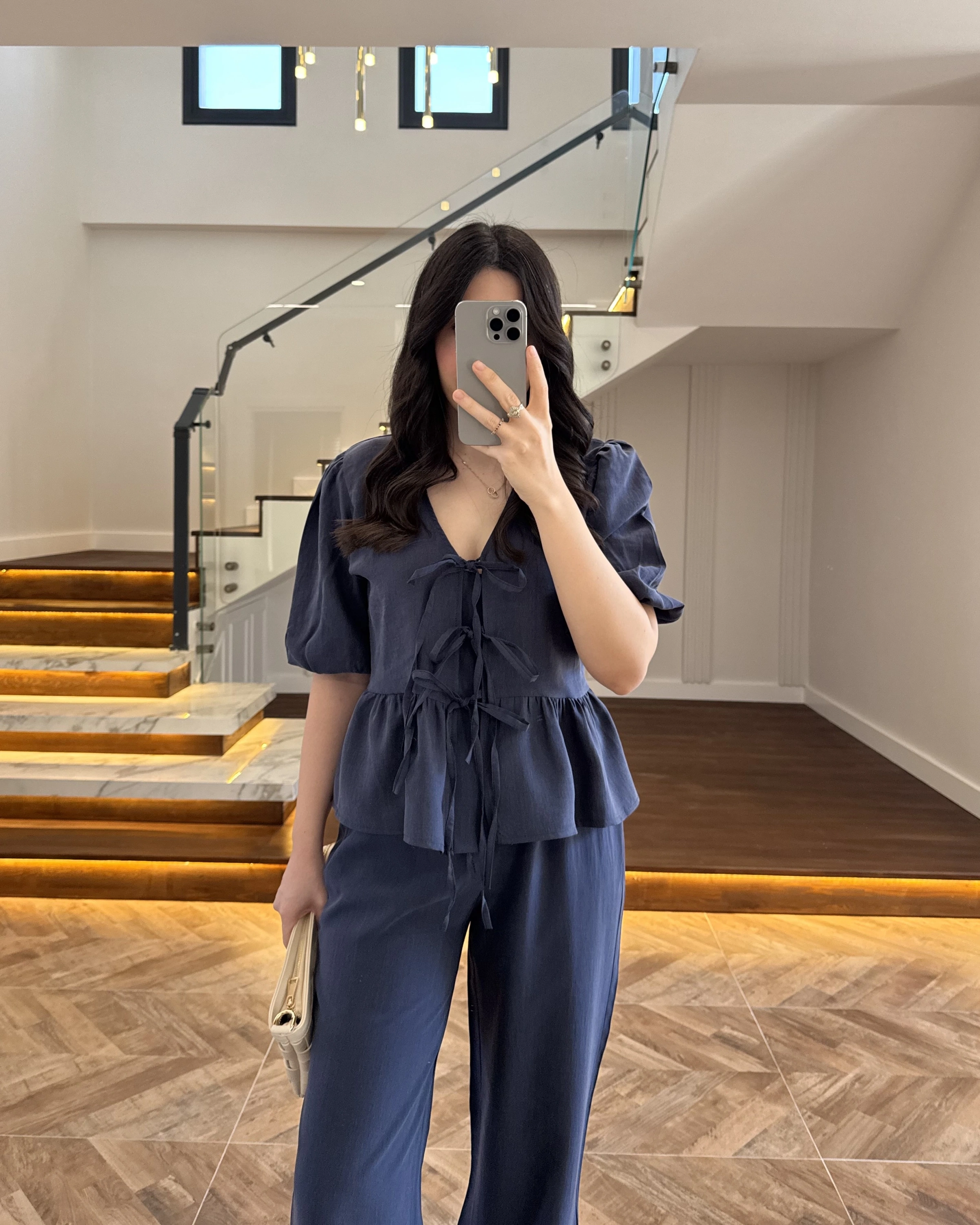 LACİVERT ÖNÜ BAĞLAMALI BALON KOL TAKIM-267328