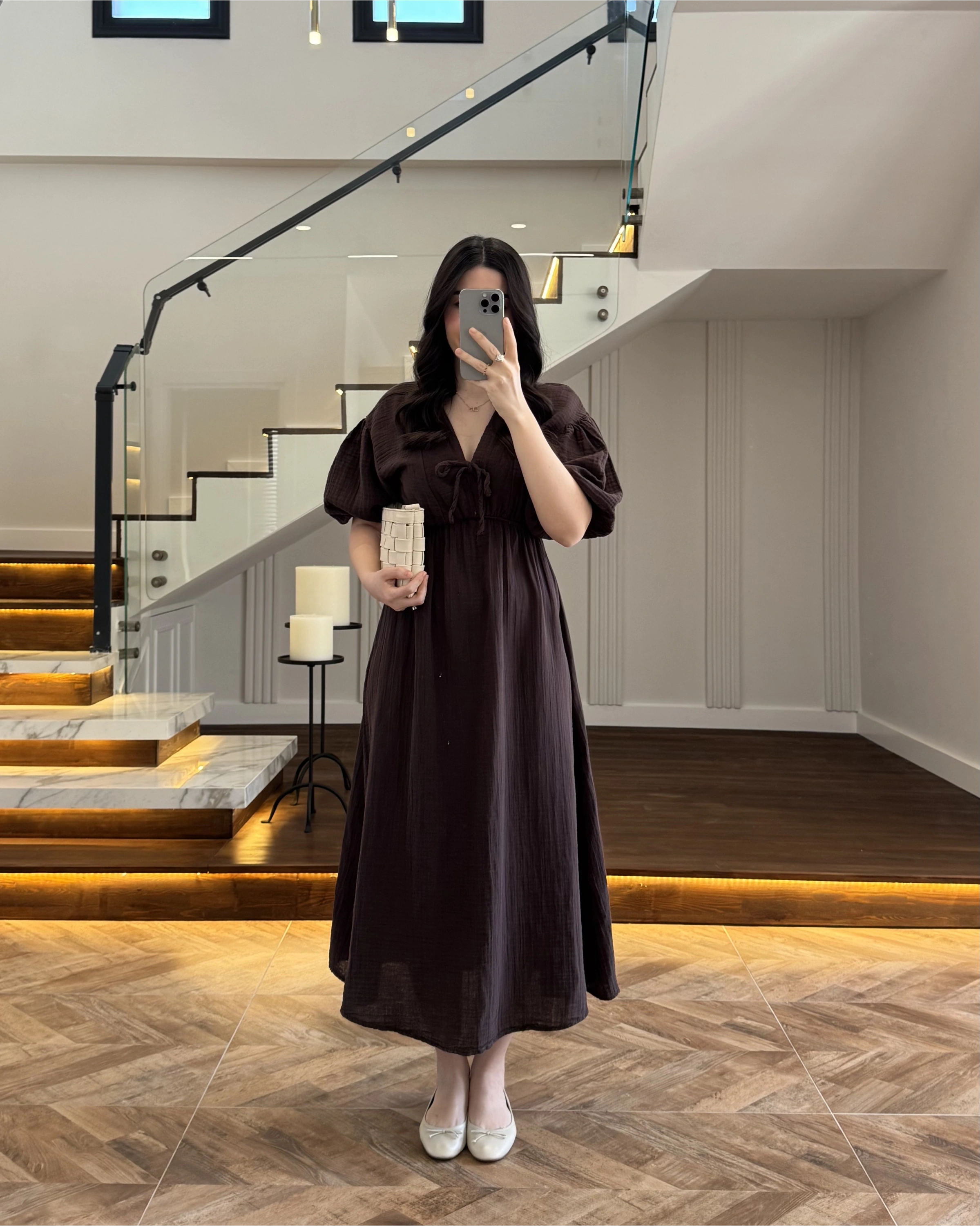 KAHVE MÜSLİN ELBİSE-3008