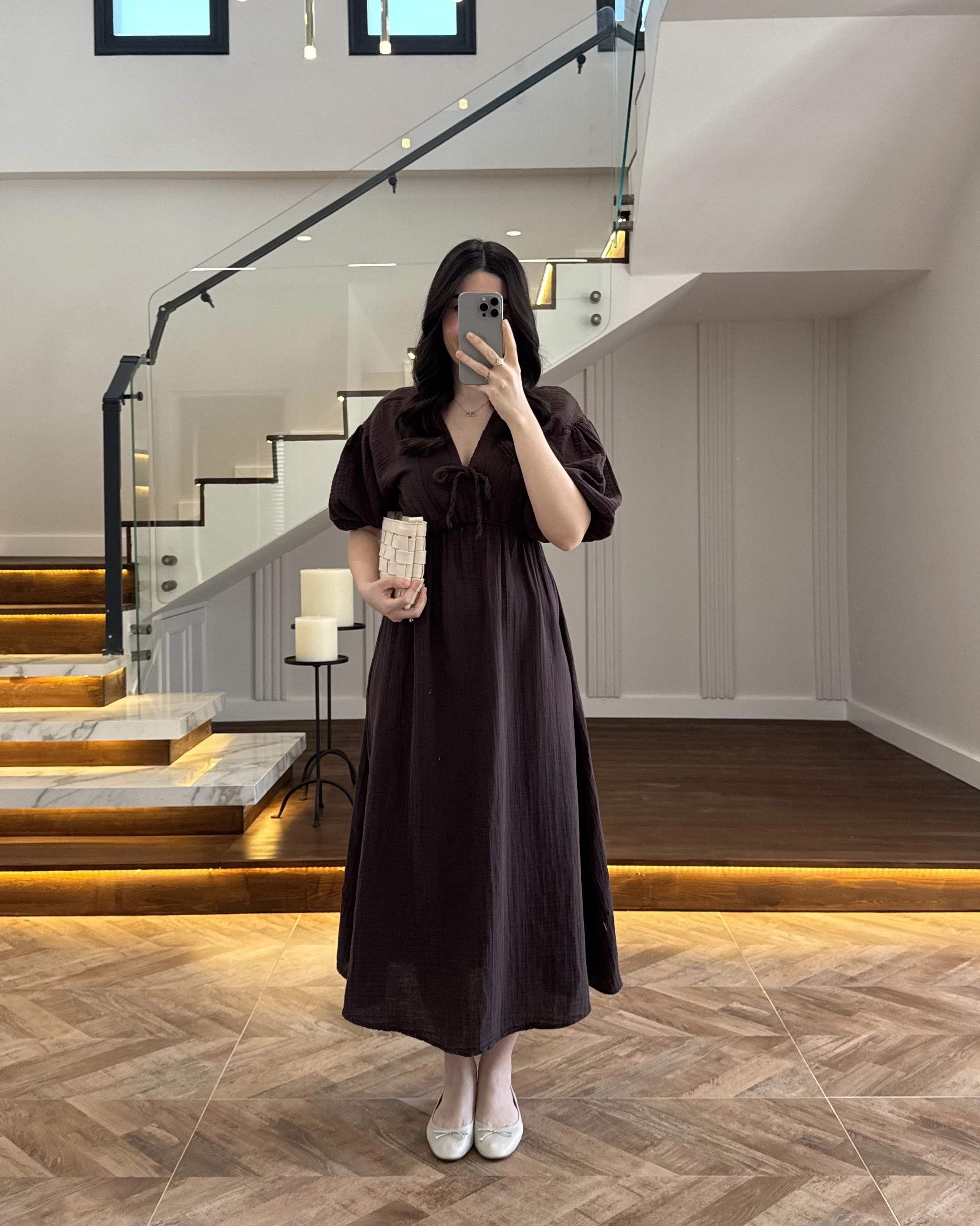 KAHVE MÜSLİN ELBİSE-3008