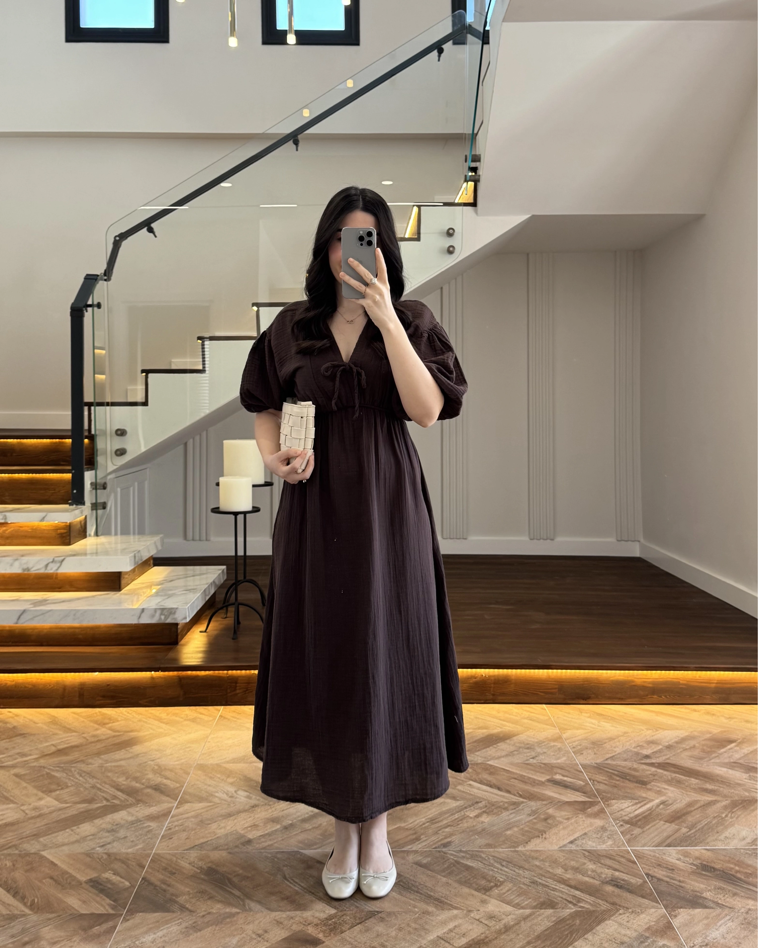 KAHVE MÜSLİN ELBİSE-3008