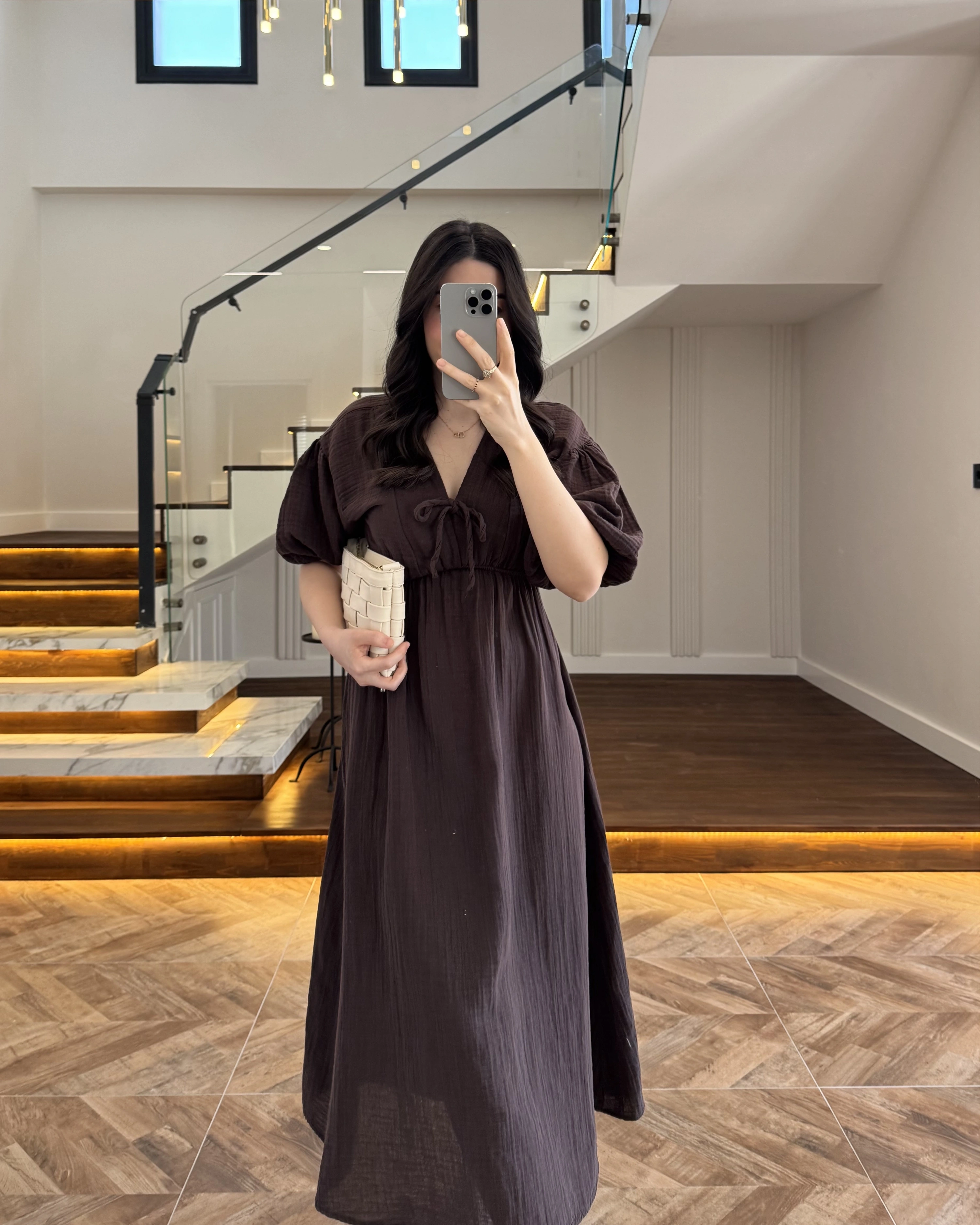 KAHVE MÜSLİN ELBİSE-3008