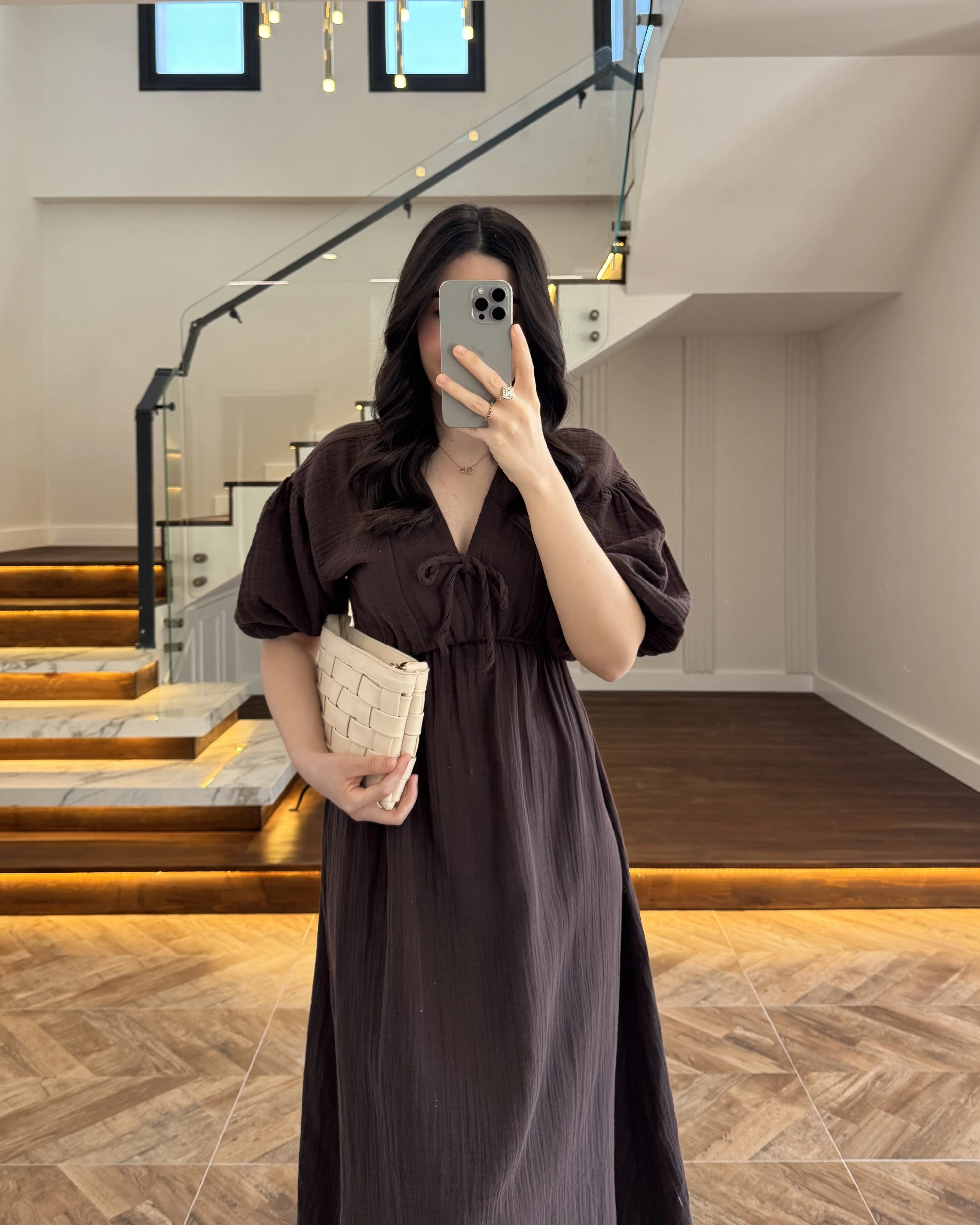 KAHVE MÜSLİN ELBİSE-3008