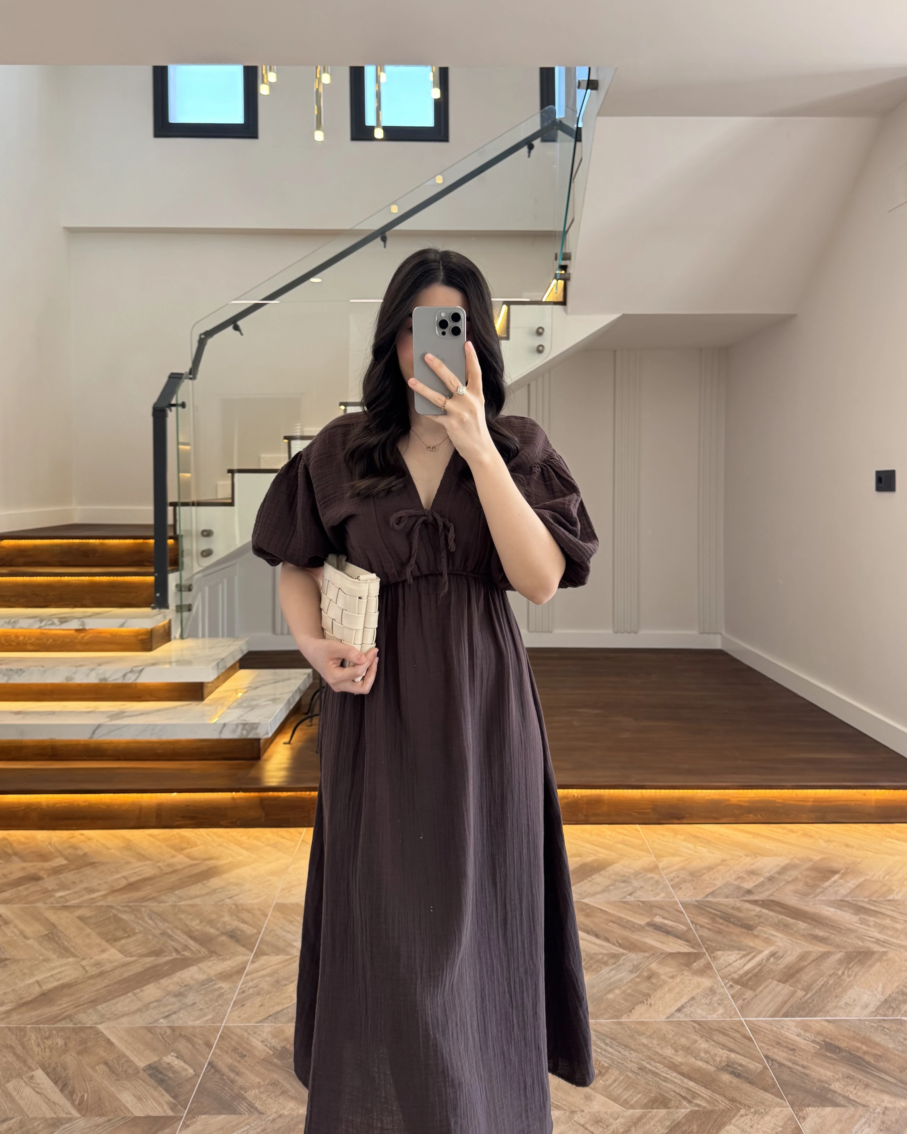 KAHVE MÜSLİN ELBİSE-3008